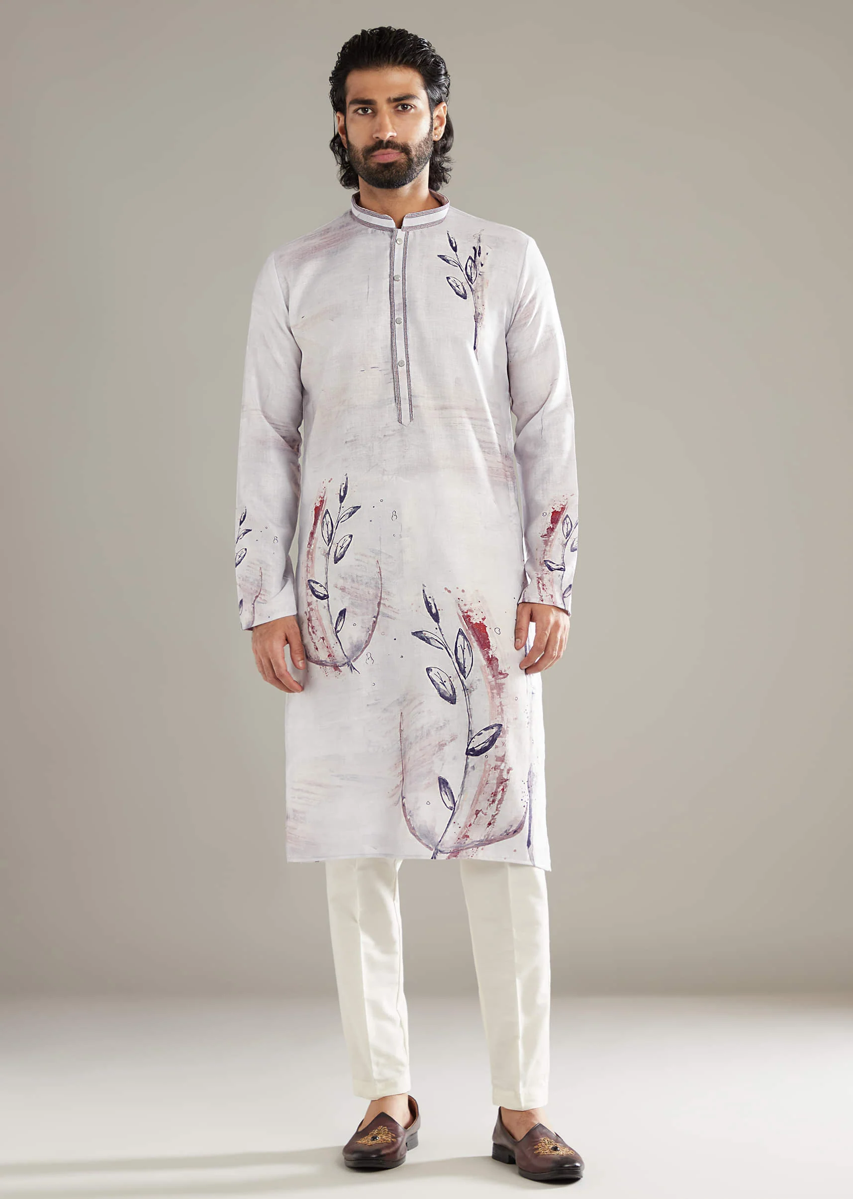 Purple Kurta Set For Men With Placement Floral Print