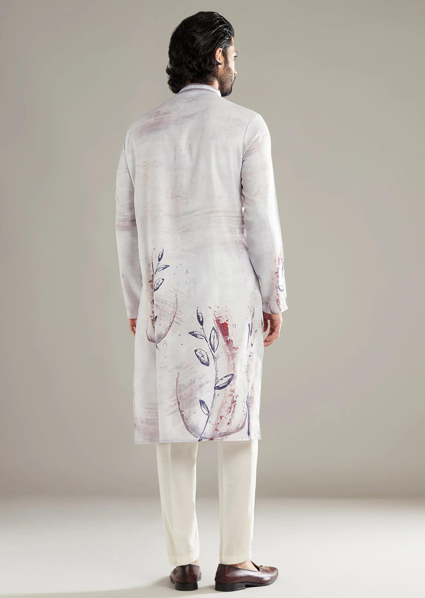 Purple Kurta Set For Men With Placement Floral Print - Image 5