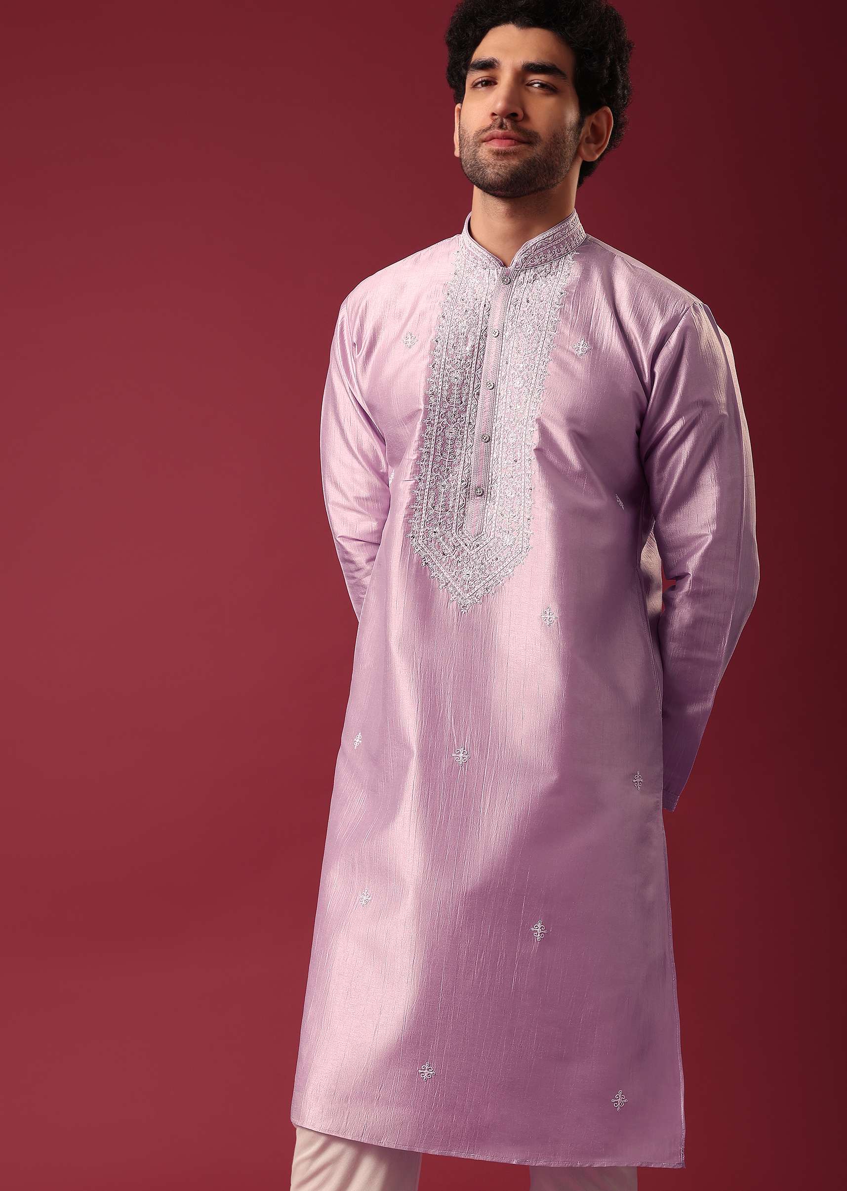 Purple Kurta Set In Silk with Sequin Work - Image 3