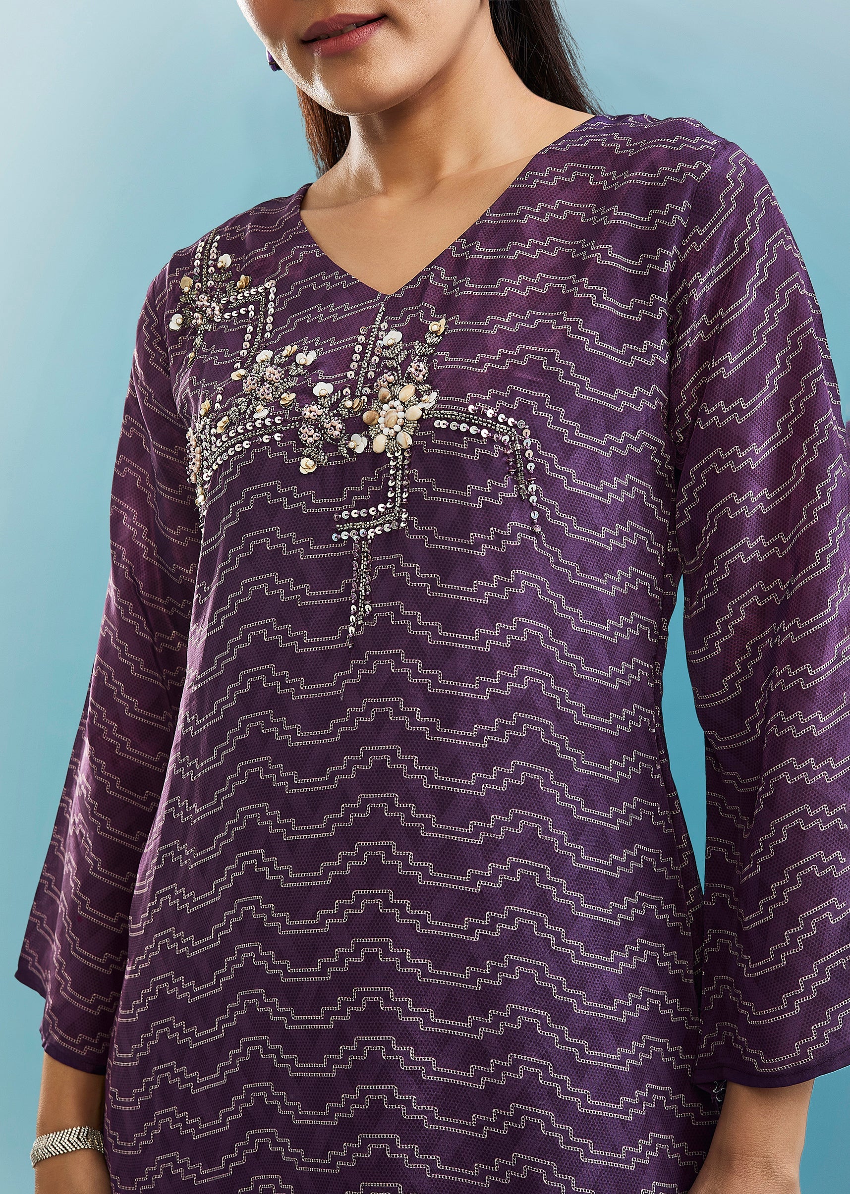 Purple Kurta Set With Cut Dana And Sequins Work - Image 2