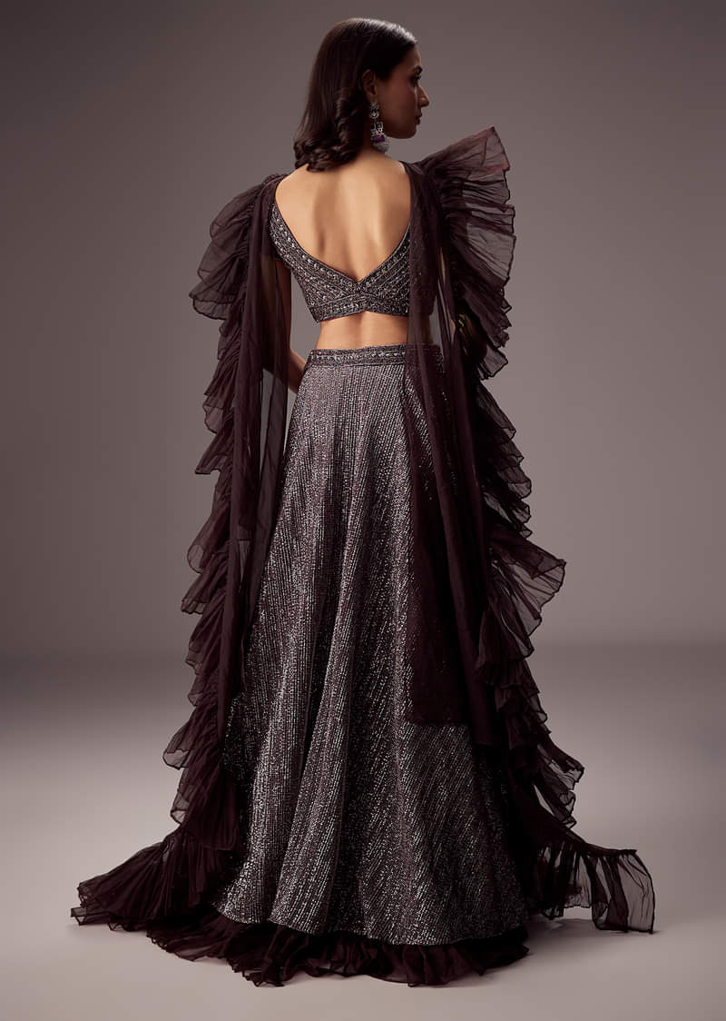 Purple Lehenga Set With Choker Style Dupatta And Flared Organza Skirt - Image 2