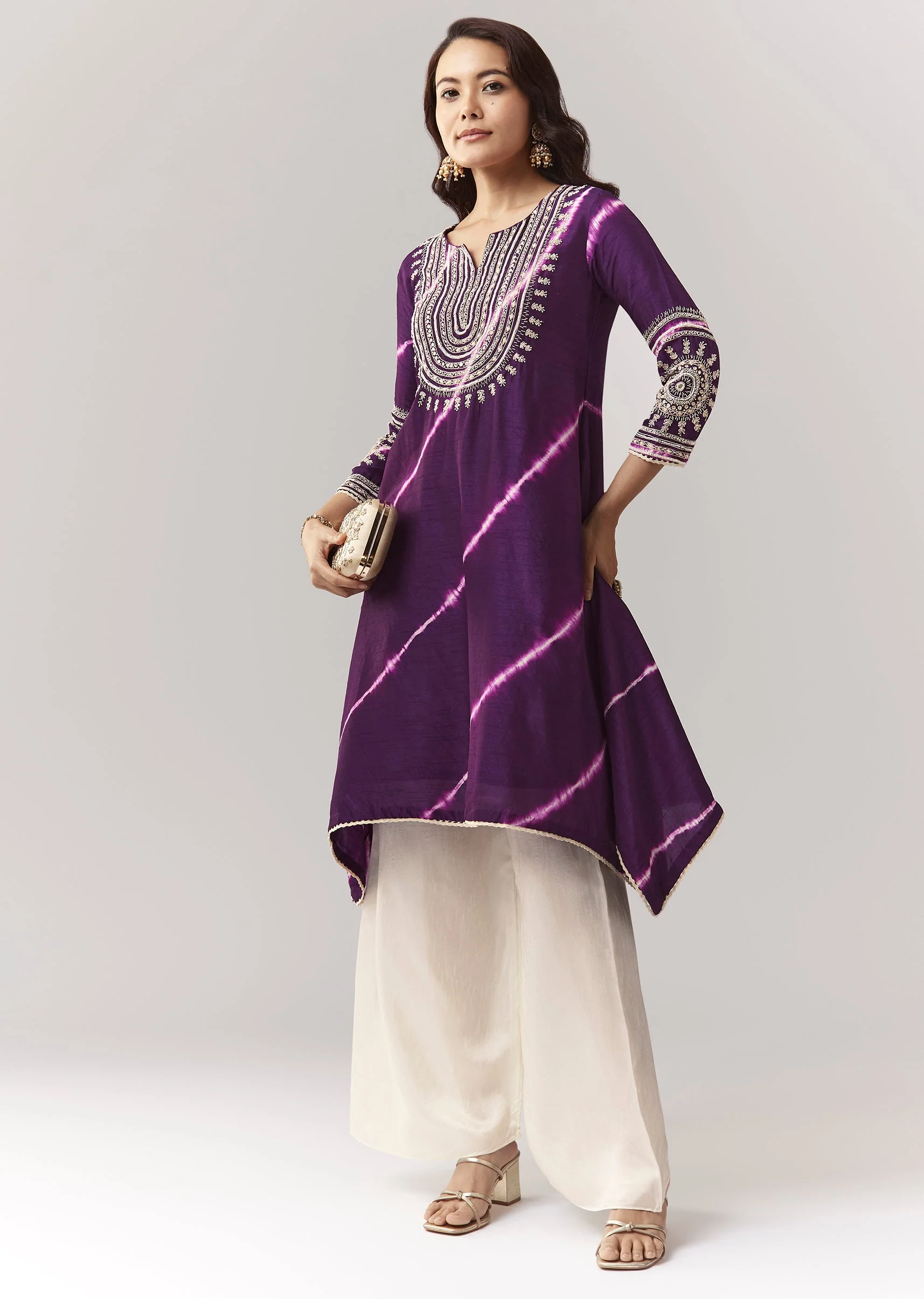 Purple Leheriya A Line Kurta Palazzo Set With Zardosi And Moti Work
