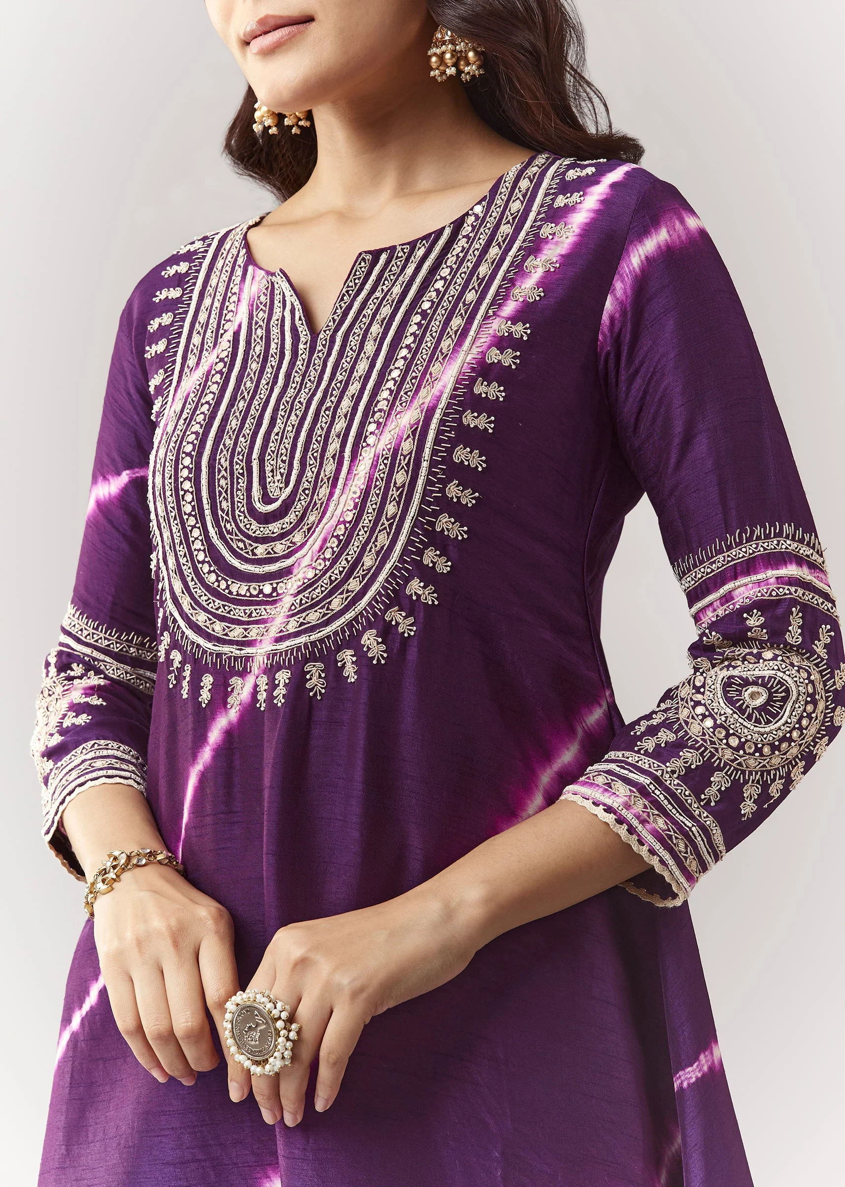 Purple Leheriya A Line Kurta Palazzo Set With Zardosi And Moti Work - Image 2