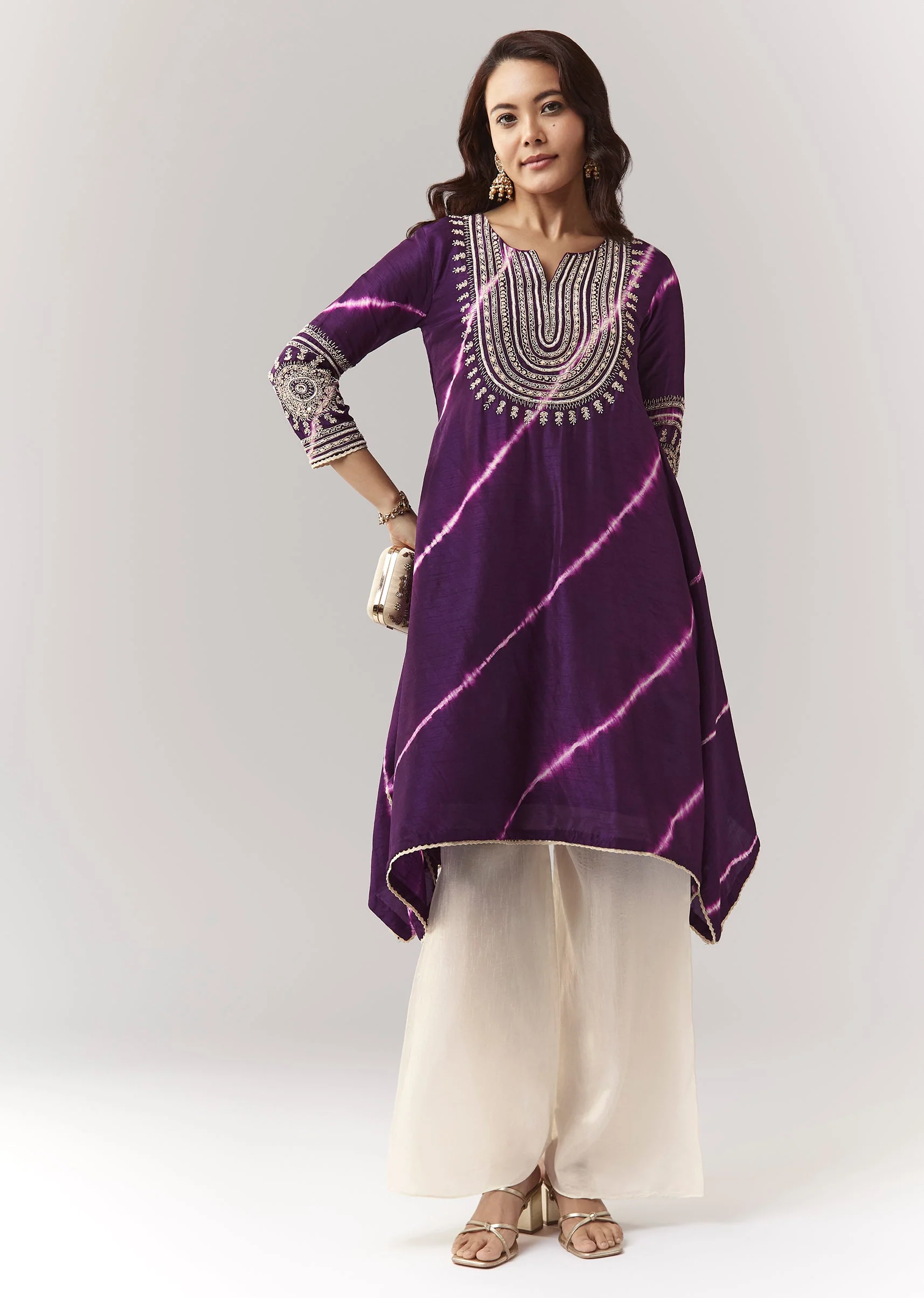 Purple Leheriya A Line Kurta Palazzo Set With Zardosi And Moti Work - Image 3