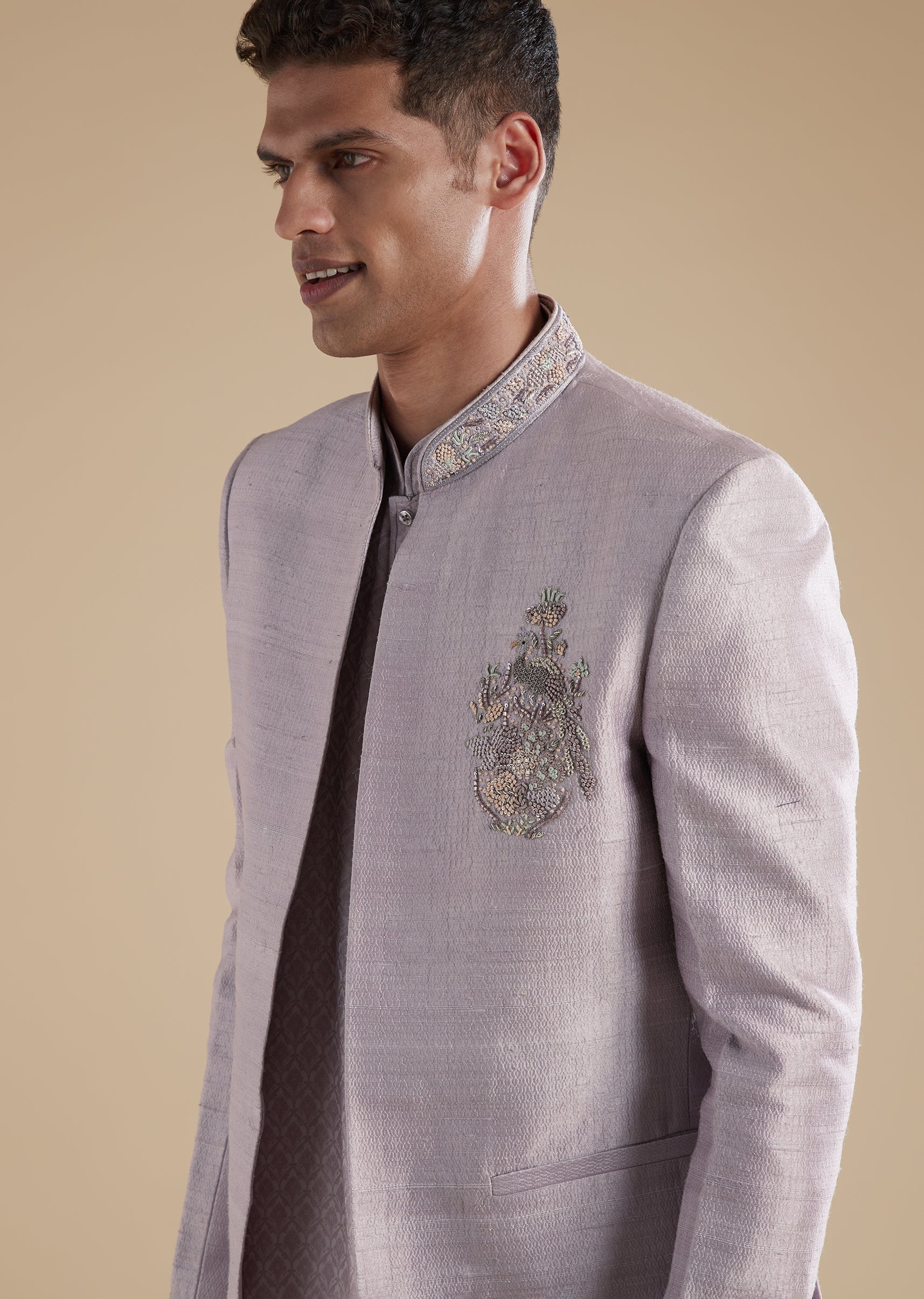 Purple Lilac Jacquard Indowestern With French Knot Cut Dana Work - Image 2