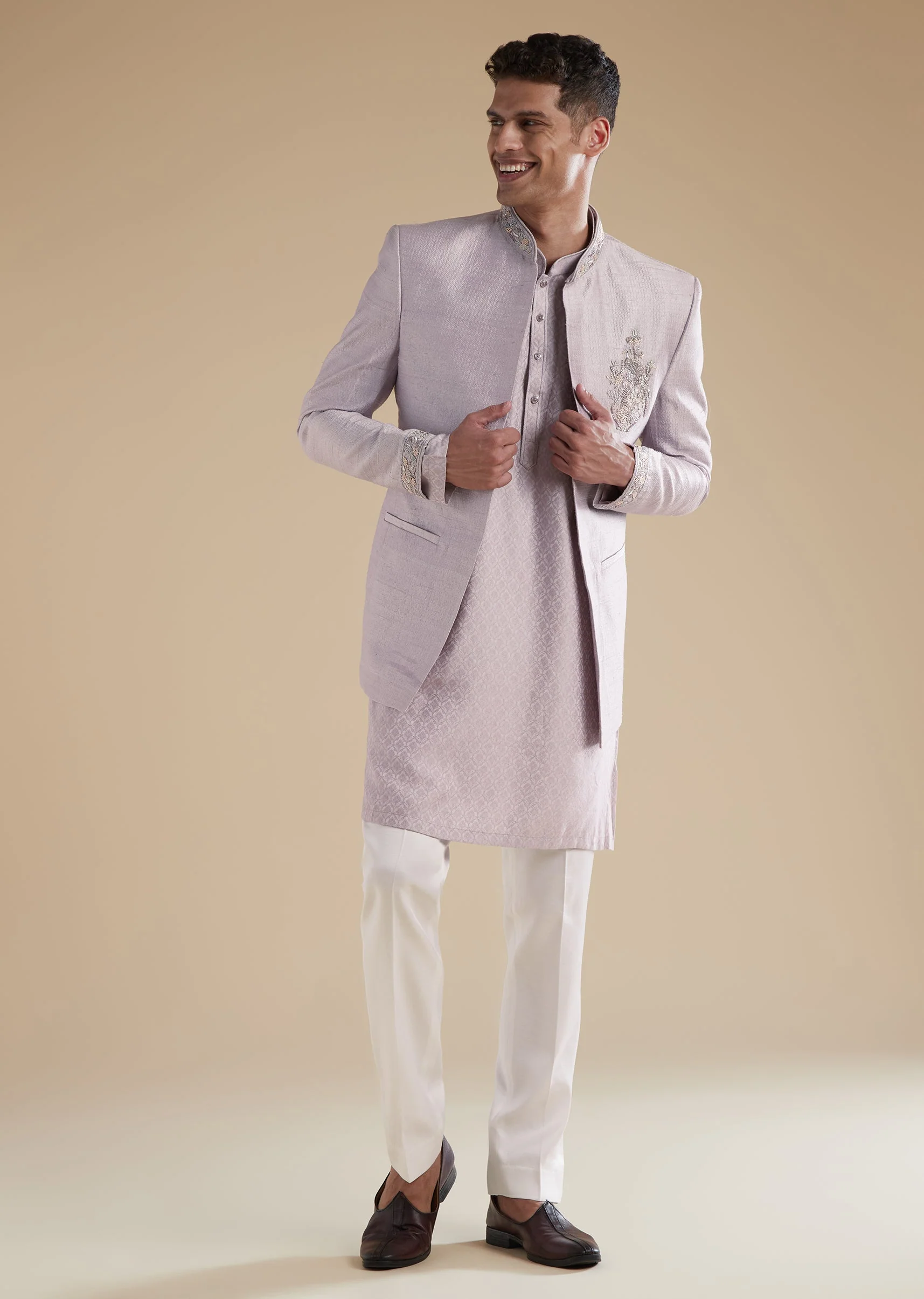 Purple Lilac Jacquard Indowestern With French Knot Cut Dana Work - Image 3