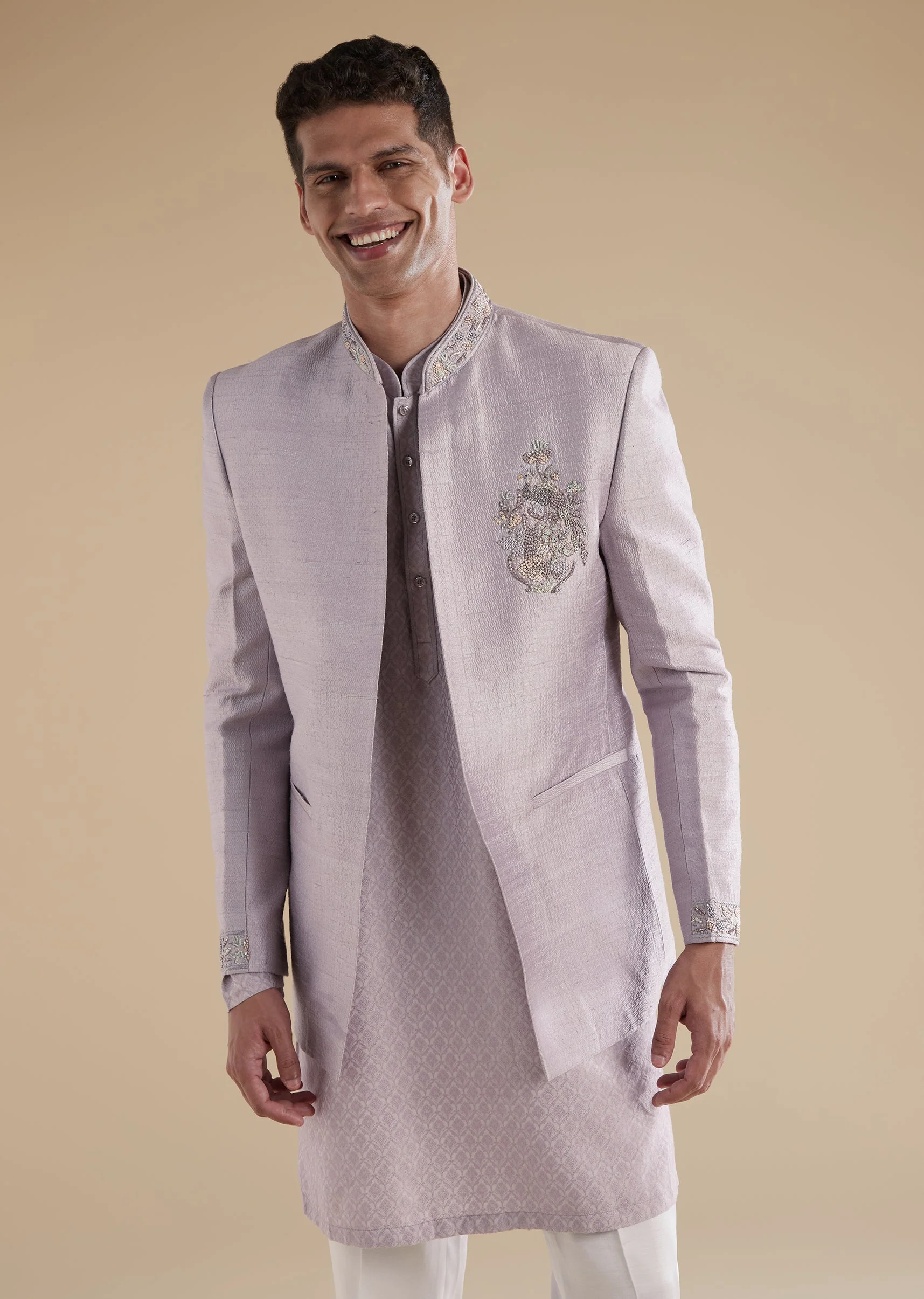 Purple Lilac Jacquard Indowestern With French Knot Cut Dana Work - Image 4