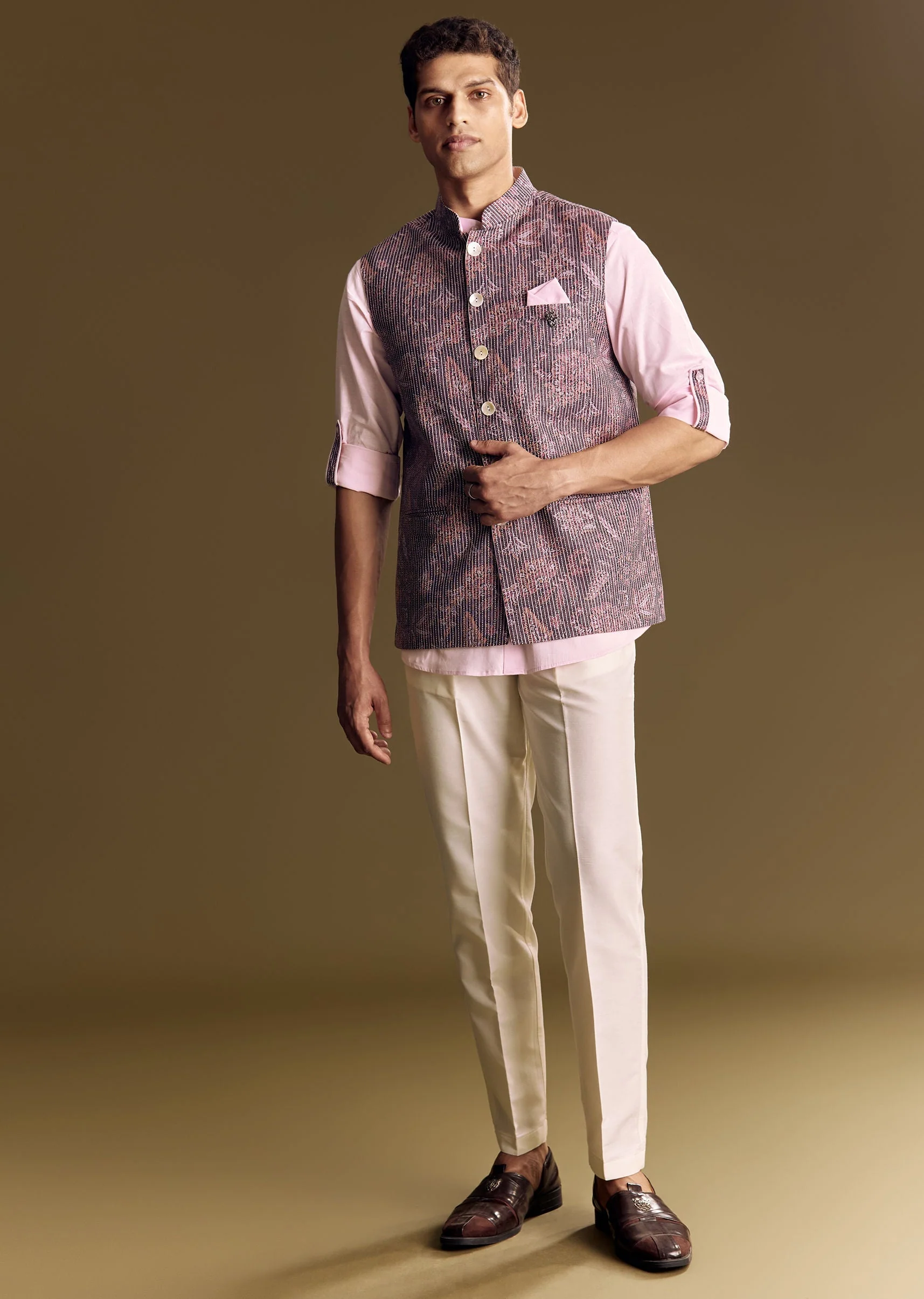 Purple Linen Jacket And Shirt Featuring Floral Kantha Detailing - Image 2