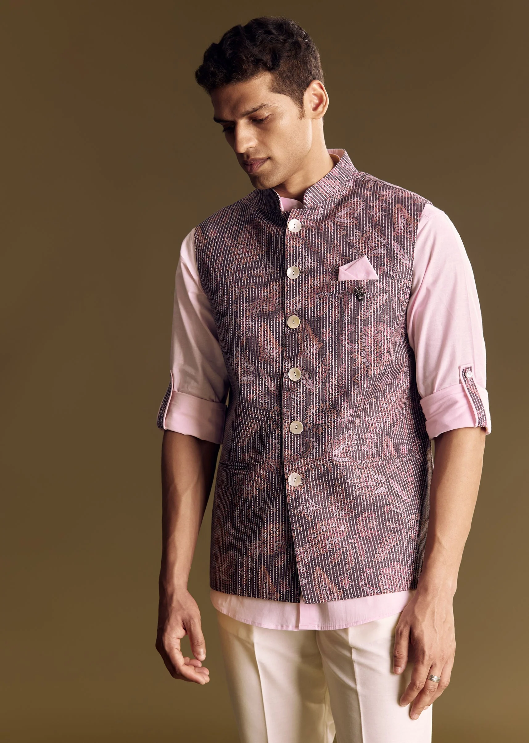 Purple Linen Jacket And Shirt Featuring Floral Kantha Detailing - Image 3