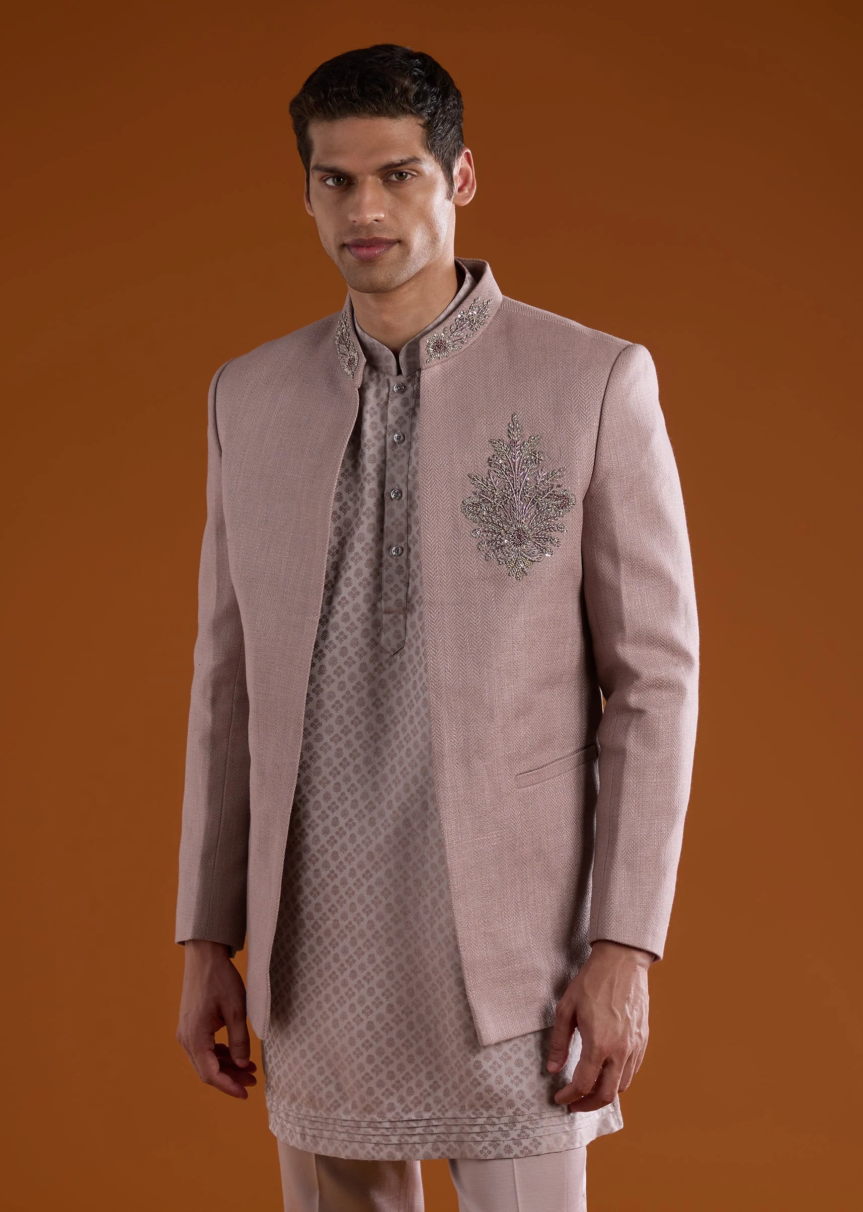 Purple Matka Silk Jodhpuri Kurta Set with Cutdana Work - Image 4