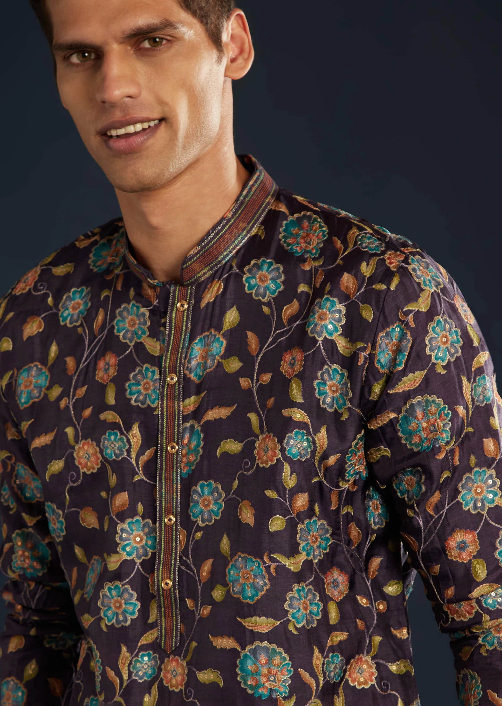 Purple Mens Floral Print Silk Kurta Set with Sequin Work - Image 2