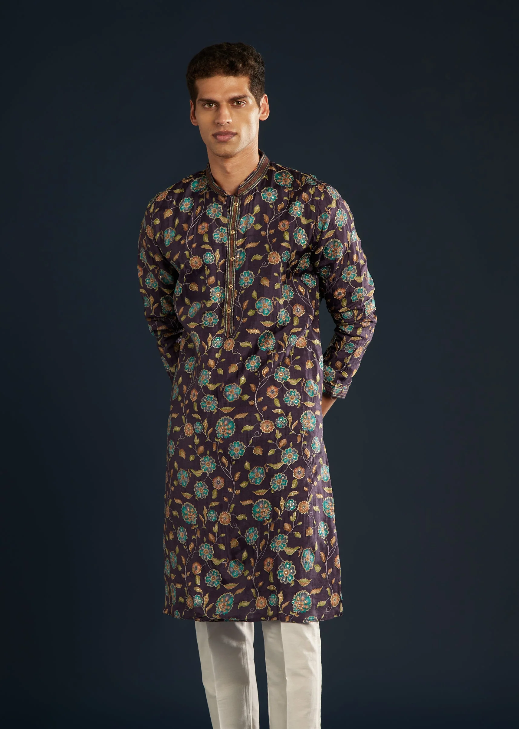 Purple Mens Floral Print Silk Kurta Set with Sequin Work - Image 4