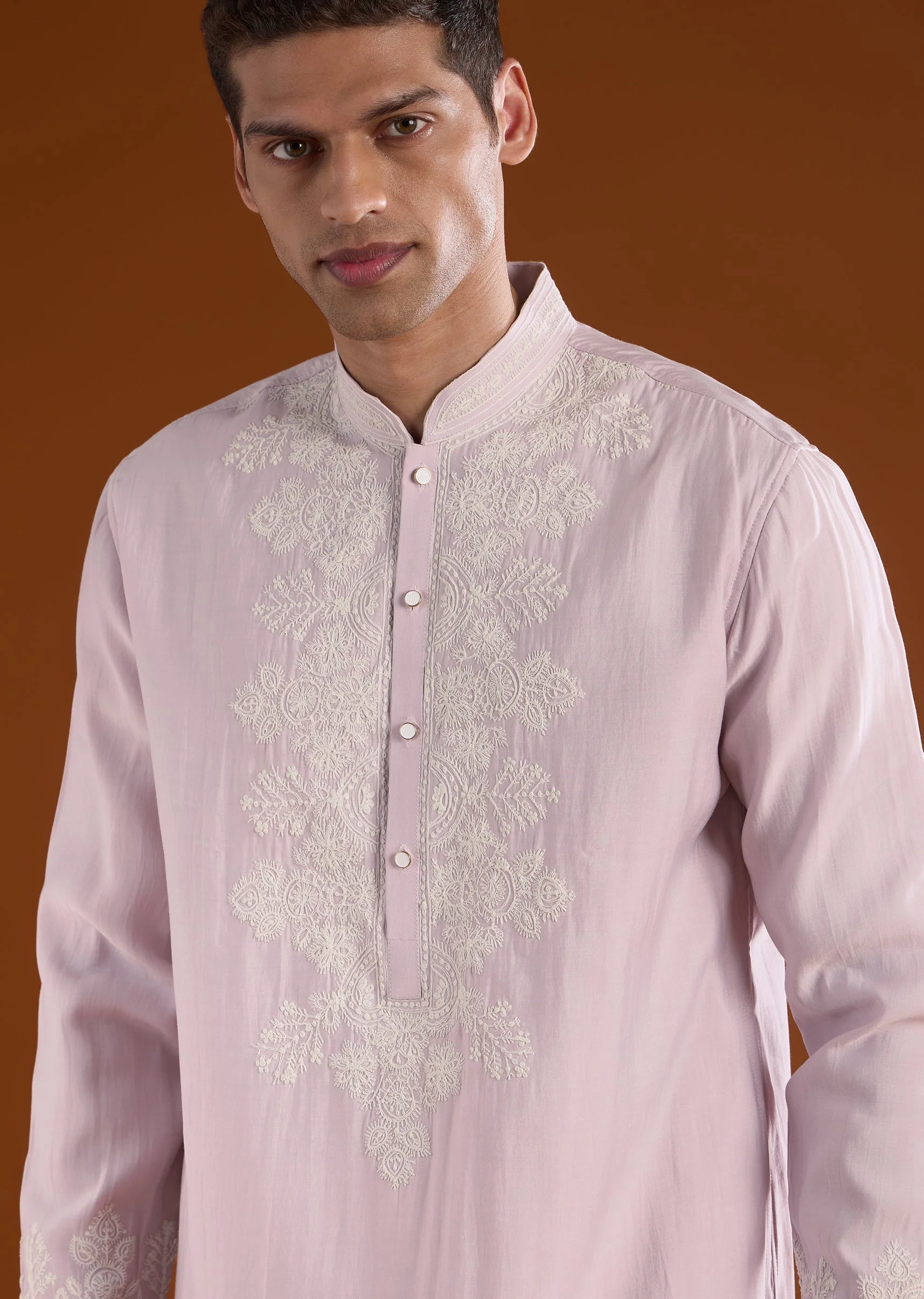 Purple Mens Kurta Set With White Thread Work