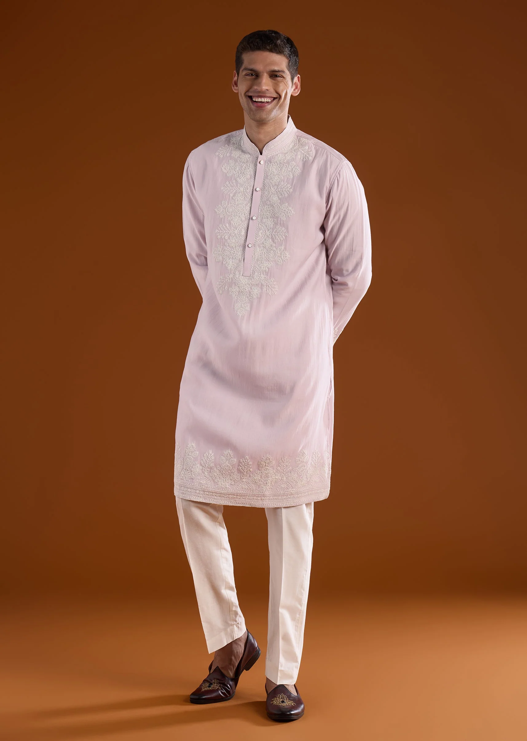 Purple Mens Kurta Set With White Thread Work - Image 2