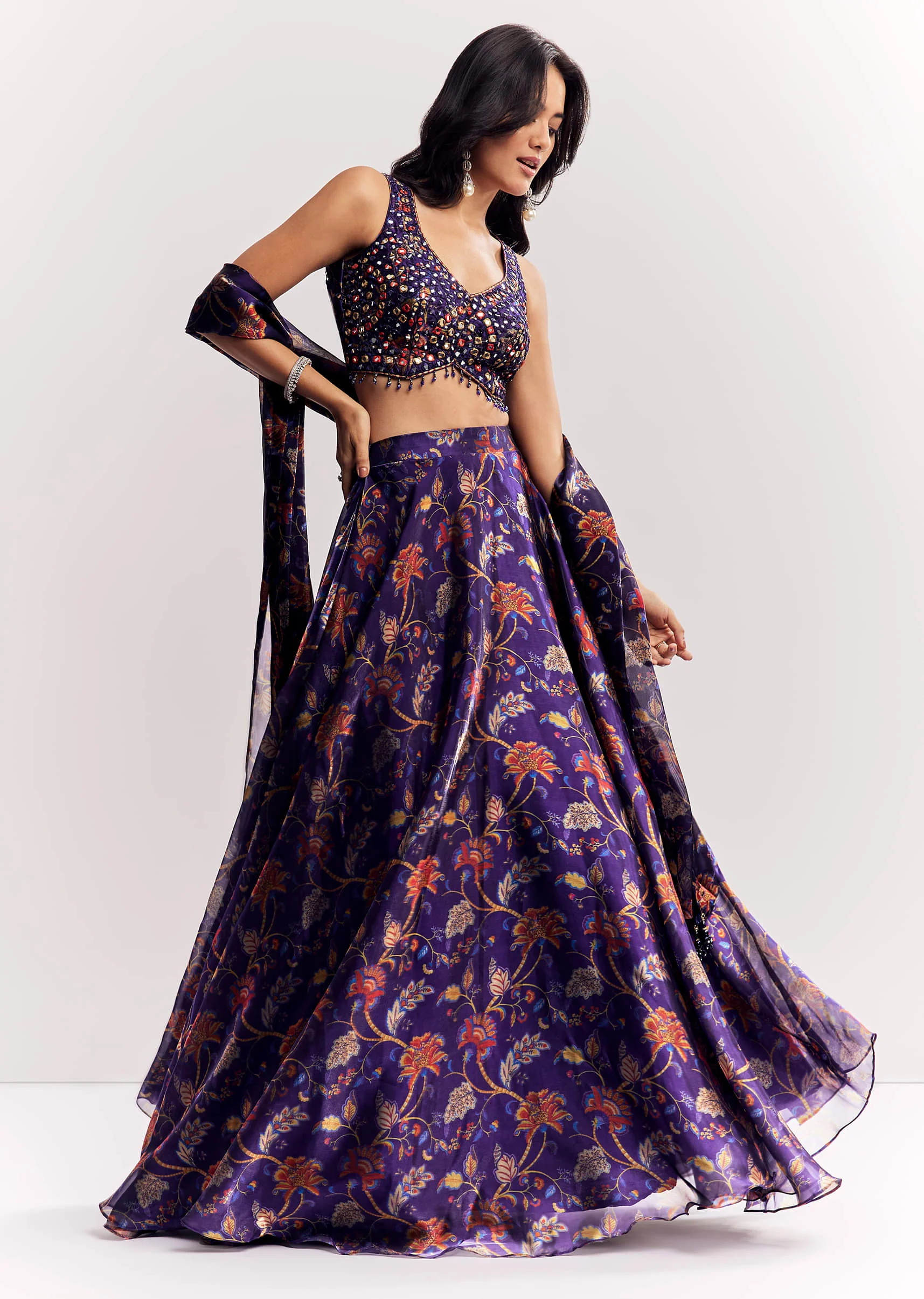 Purple Mirror Work Lehenga Choli Set In Organza Tissue - Image 3