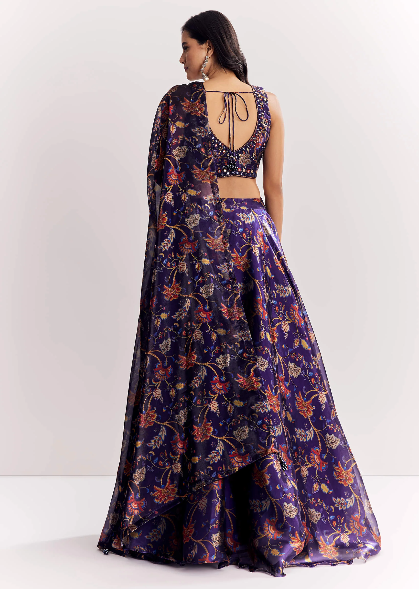 Purple Mirror Work Lehenga Choli Set In Organza Tissue - Image 5
