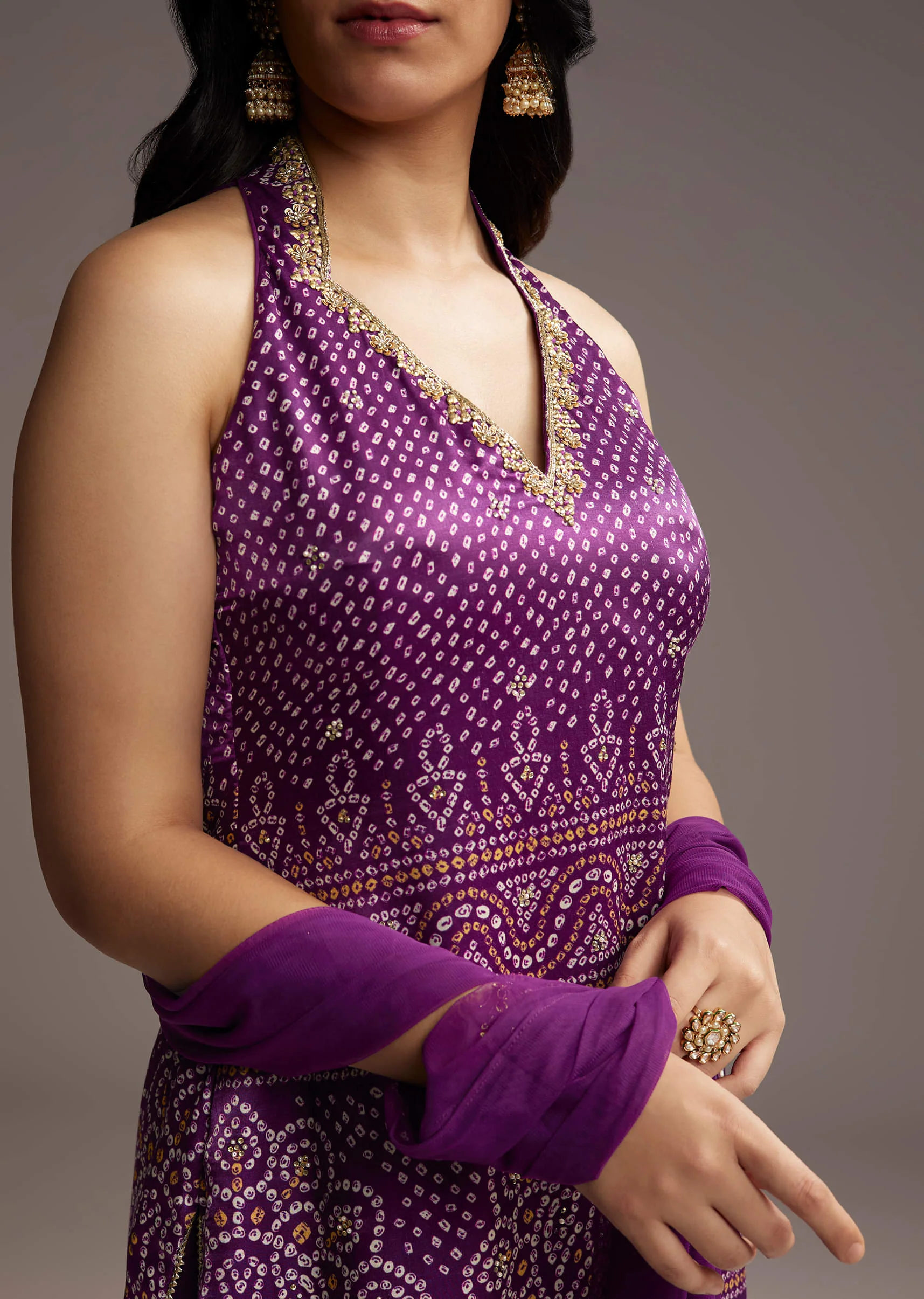 Purple Modal Satin Palazzo Suit With Bandhani Print - Image 2