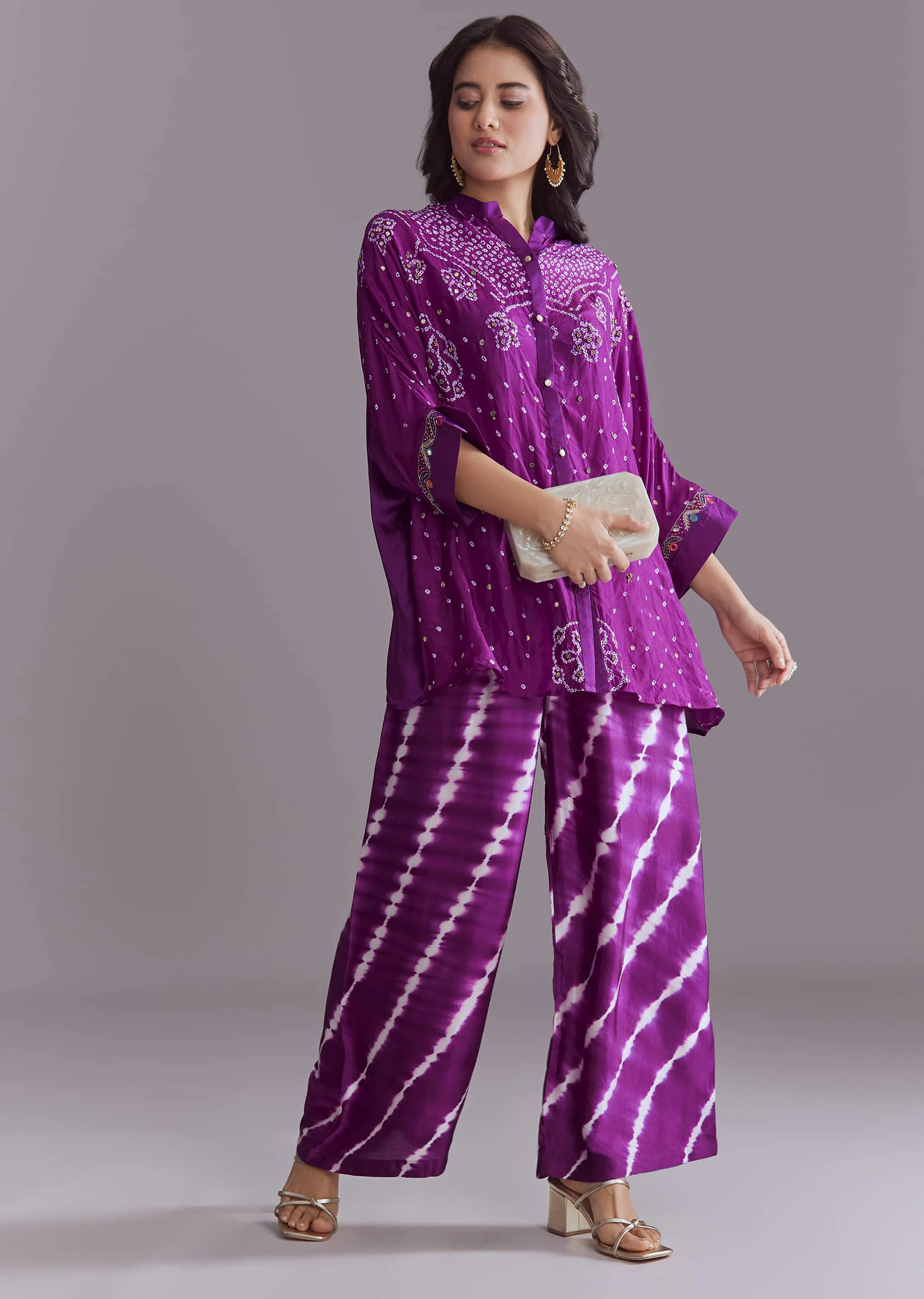Purple Modal Silk Co-Ord Set With Authentic Bandhani And Leheriya Print