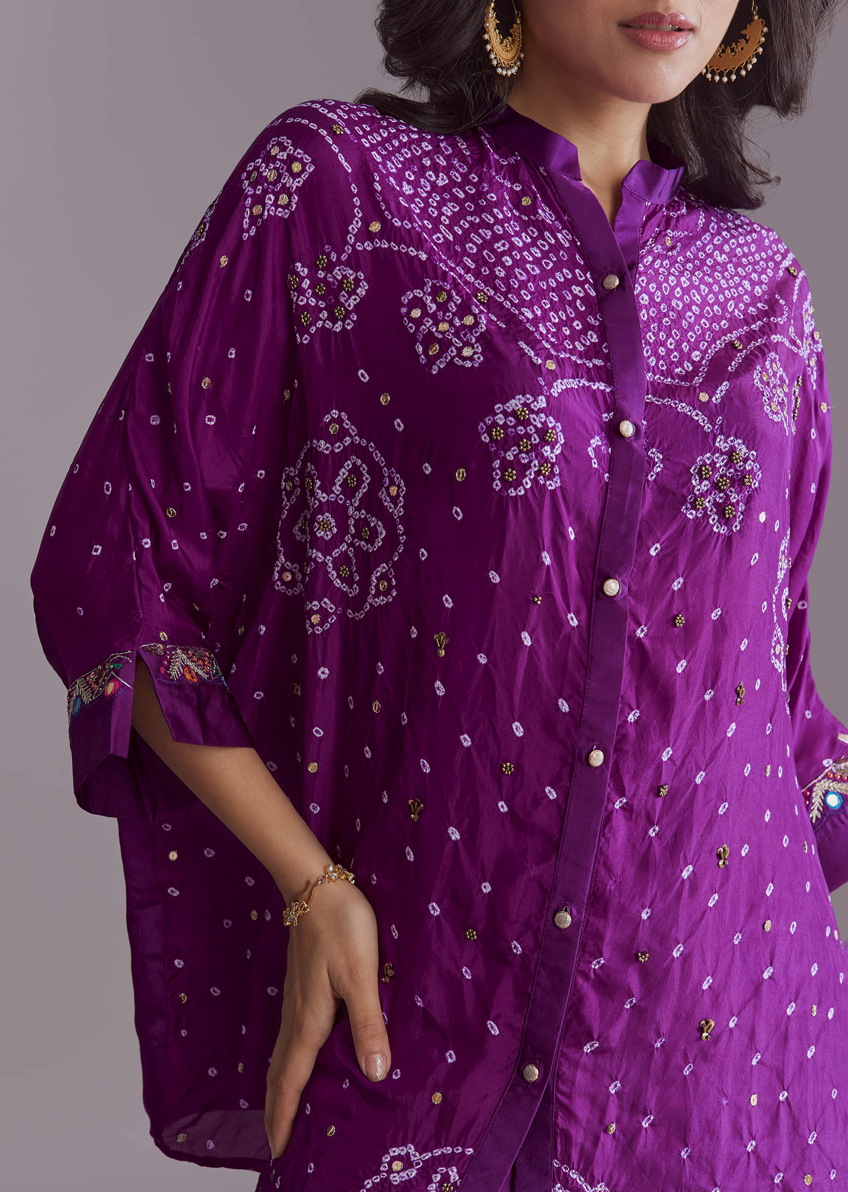 Purple Modal Silk Co-Ord Set With Authentic Bandhani And Leheriya Print - Image 2