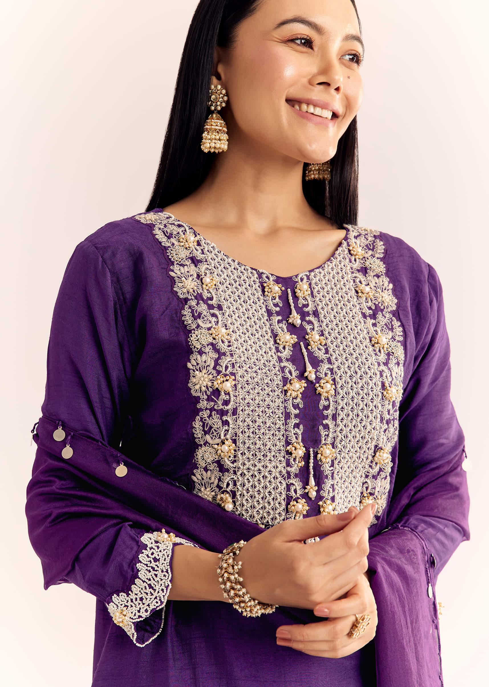Purple Moti Threadwork Dola Silk Sharara Suit With Organza Dupatta - Image 3