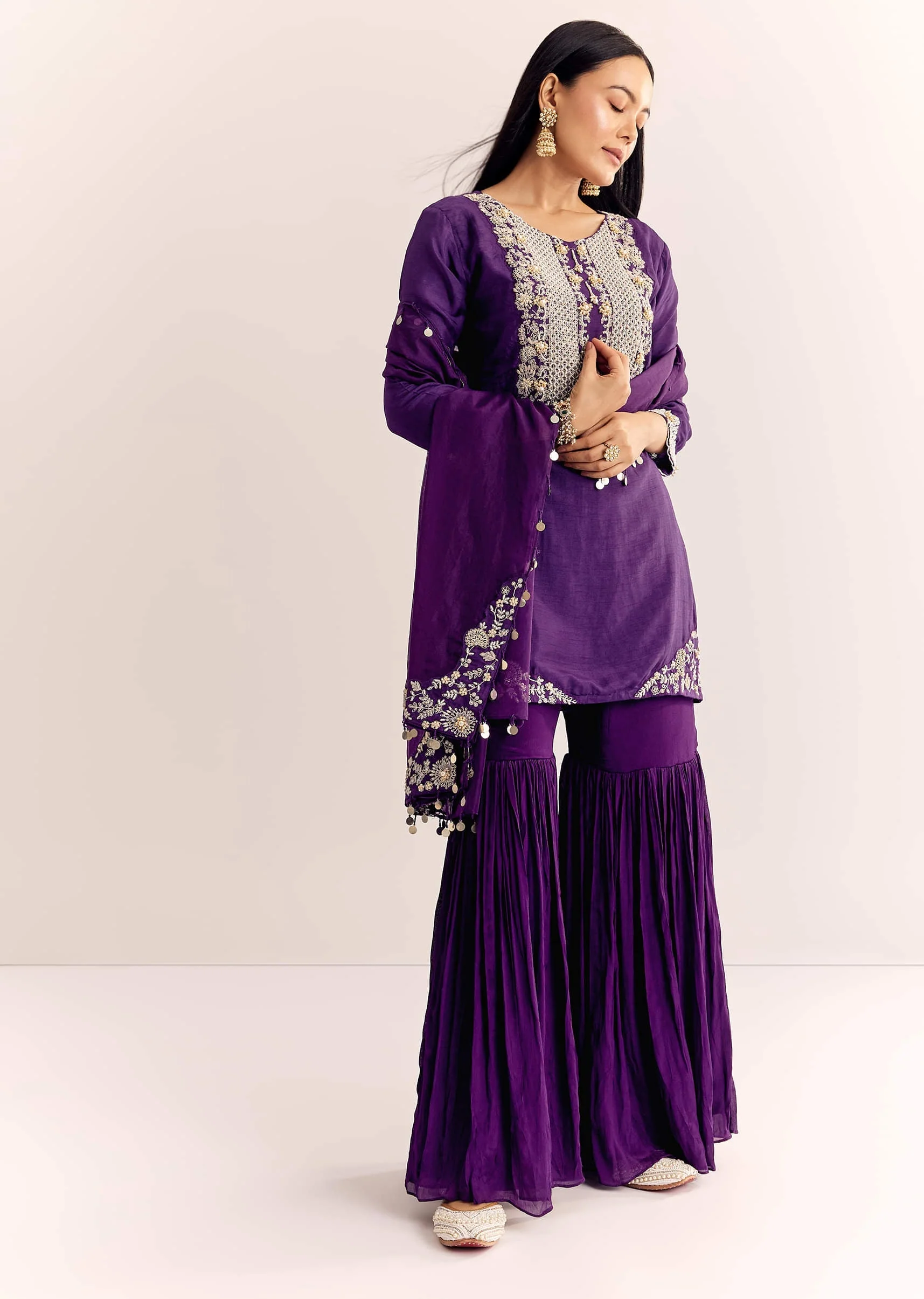Purple Moti Threadwork Dola Silk Sharara Suit With Organza Dupatta - Image 4