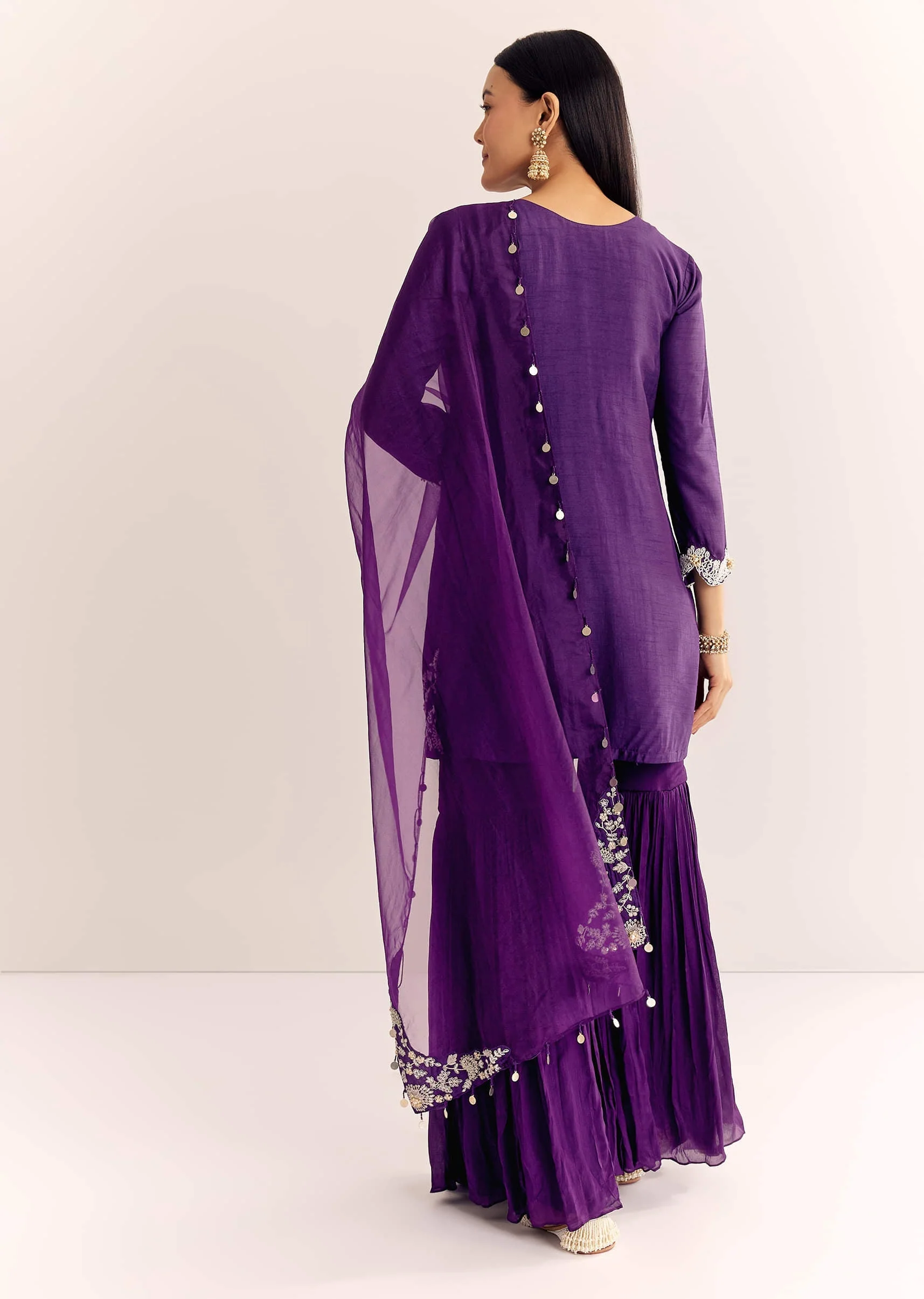 Purple Moti Threadwork Dola Silk Sharara Suit With Organza Dupatta - Image 5
