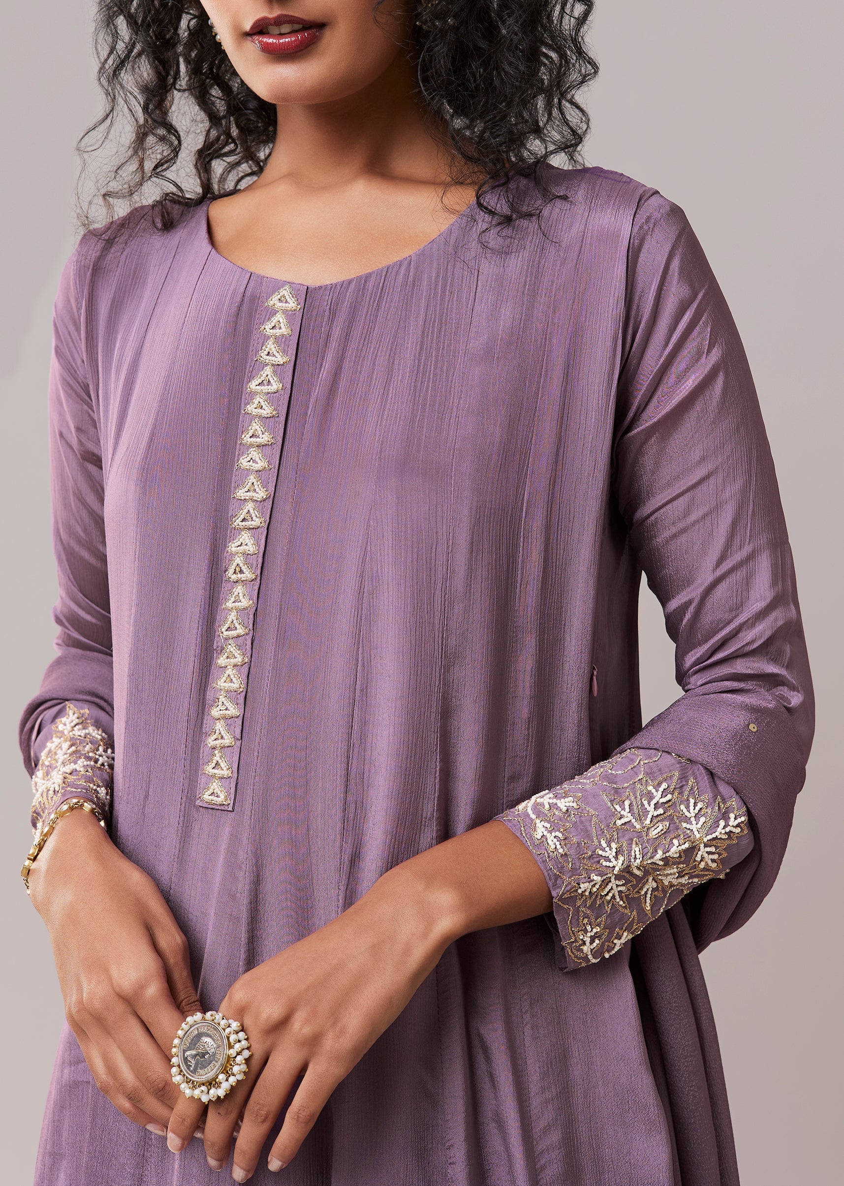 Purple Moti Work Cotton Silk Embroidered Anarkali Set - Image 2