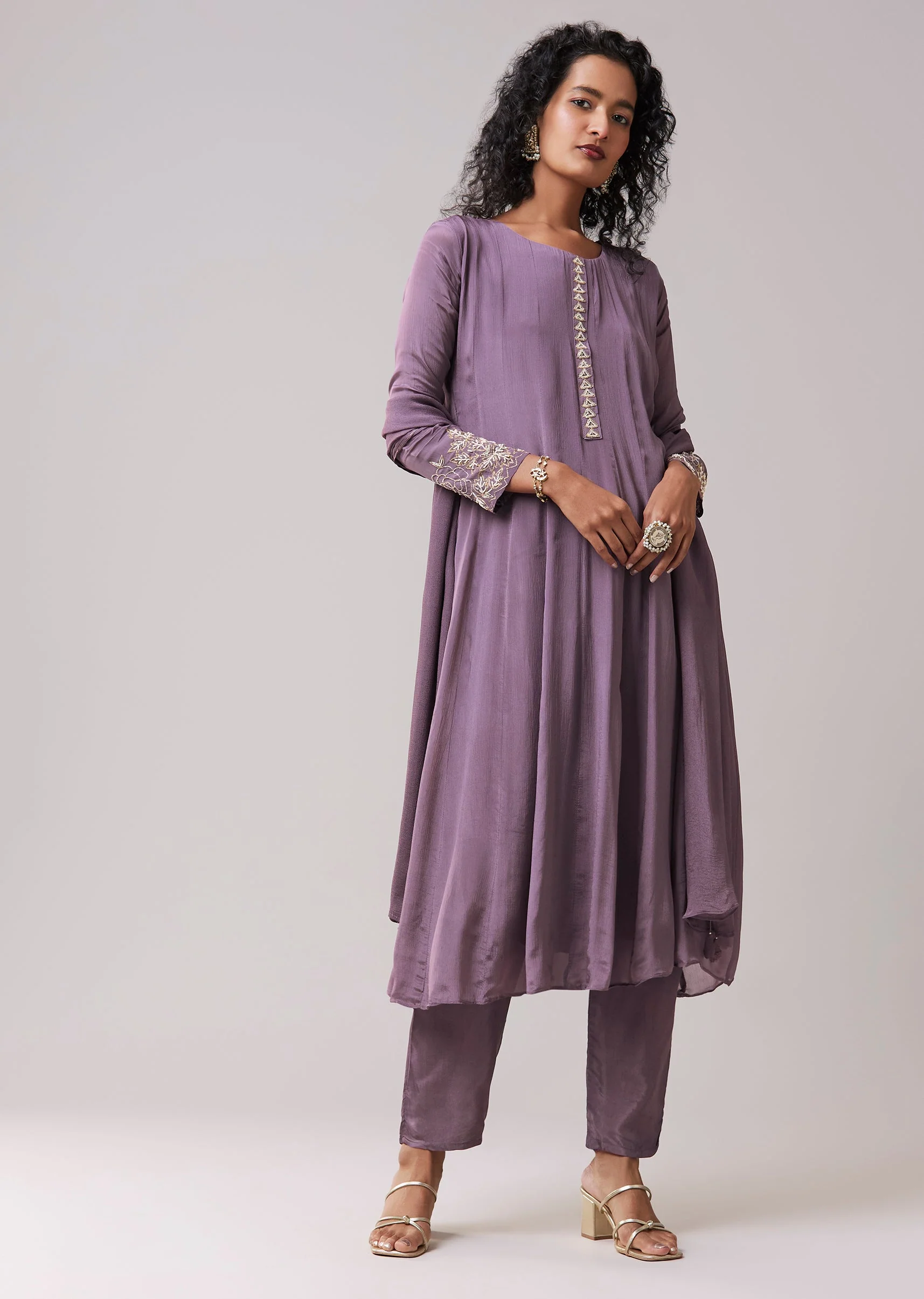 Purple Moti Work Cotton Silk Embroidered Anarkali Set - Image 3