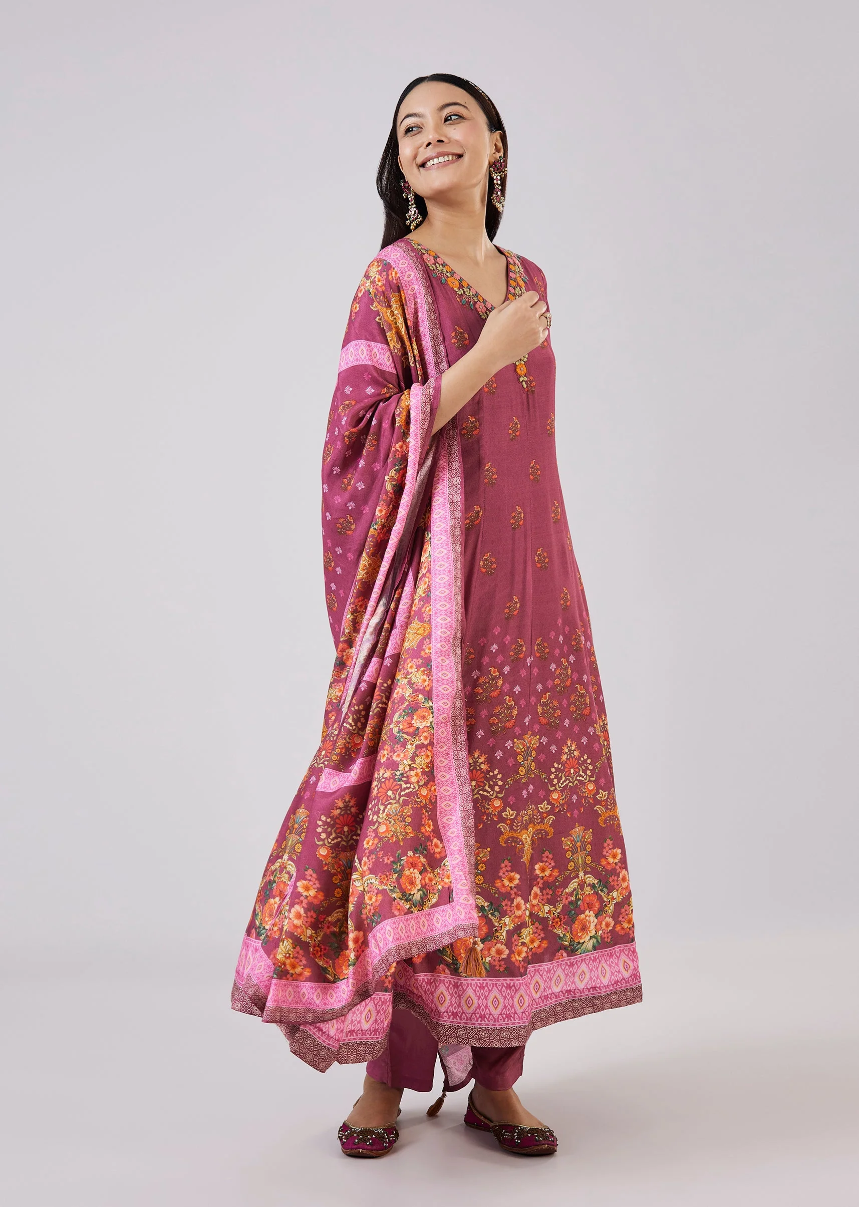 Purple Muslin Anarkali Set With Thread Work - Image 3