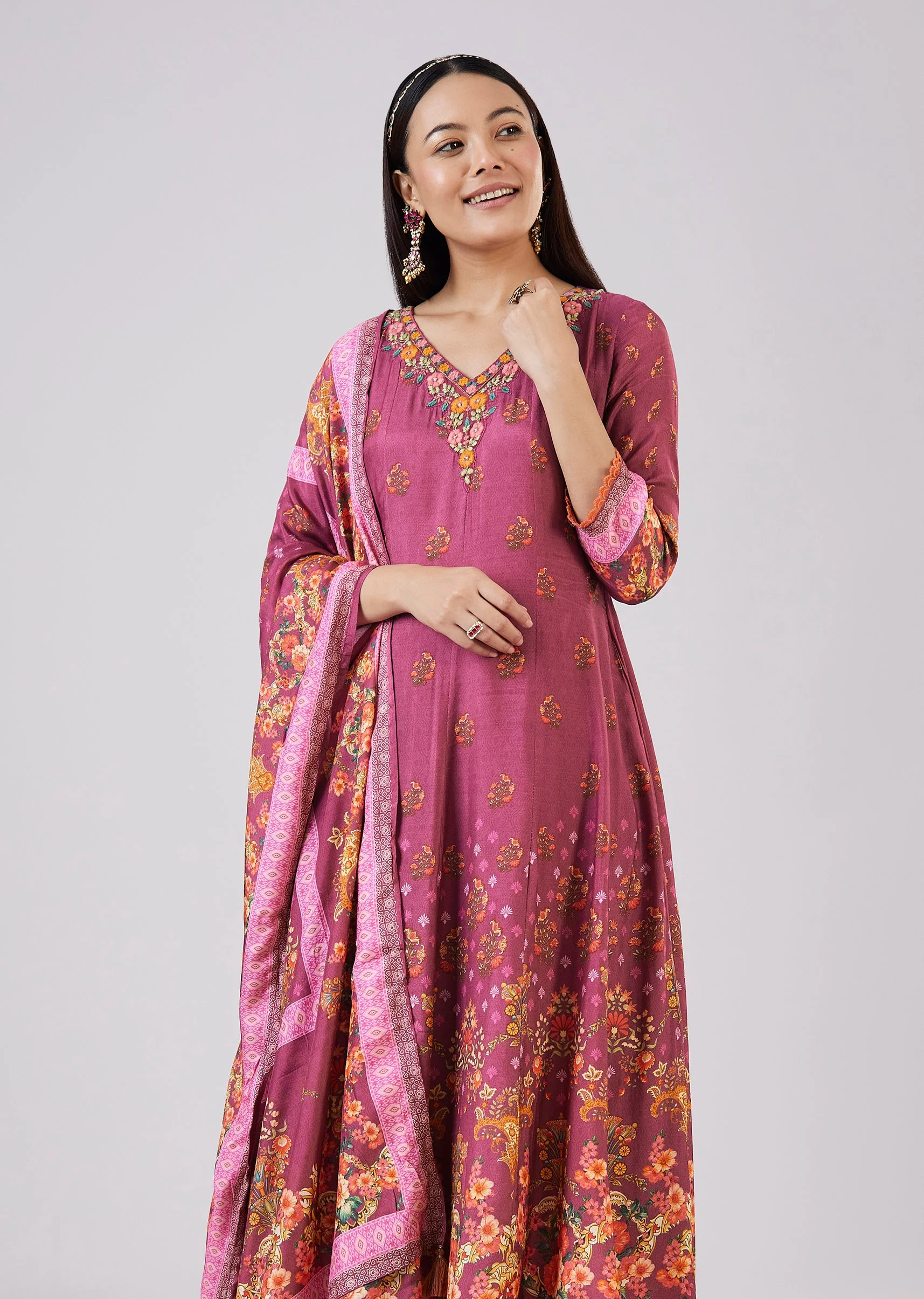 Purple Muslin Anarkali Set With Thread Work - Image 4