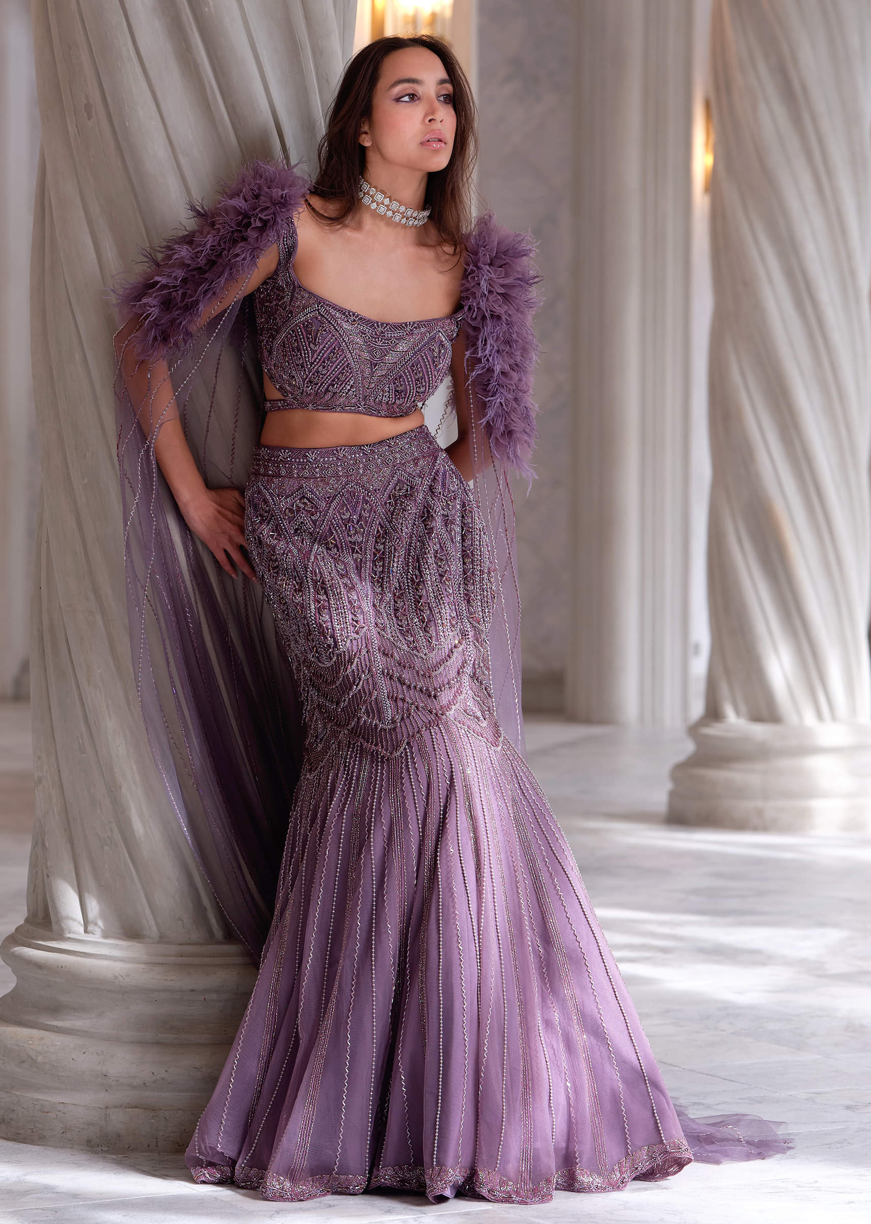 Purple Net Bridal Lehenga With Cutdana And Beads Embroidery