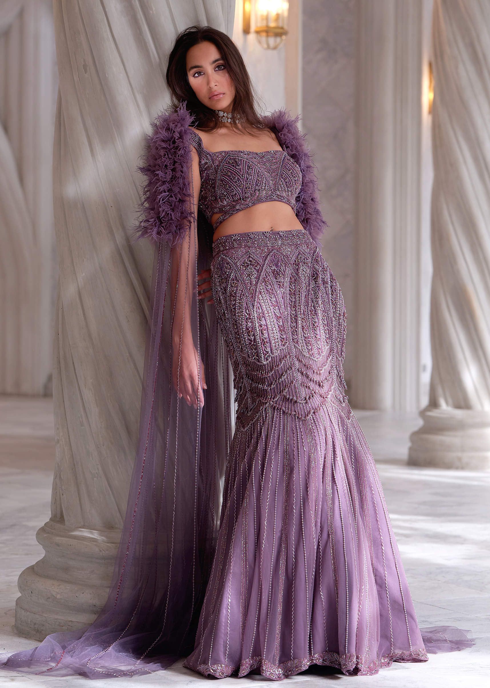 Purple Net Bridal Lehenga With Cutdana And Beads Embroidery - Image 2
