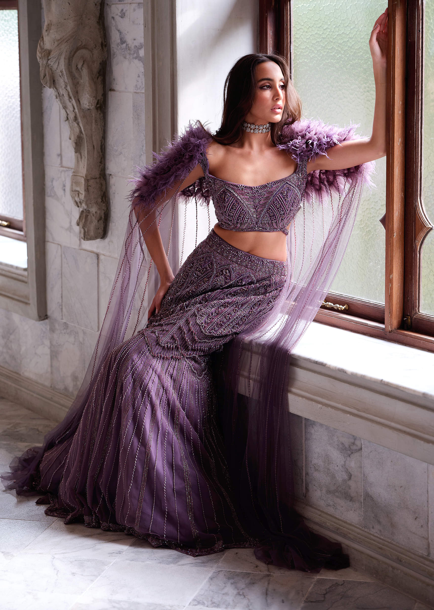 Purple Net Bridal Lehenga With Cutdana And Beads Embroidery - Image 5