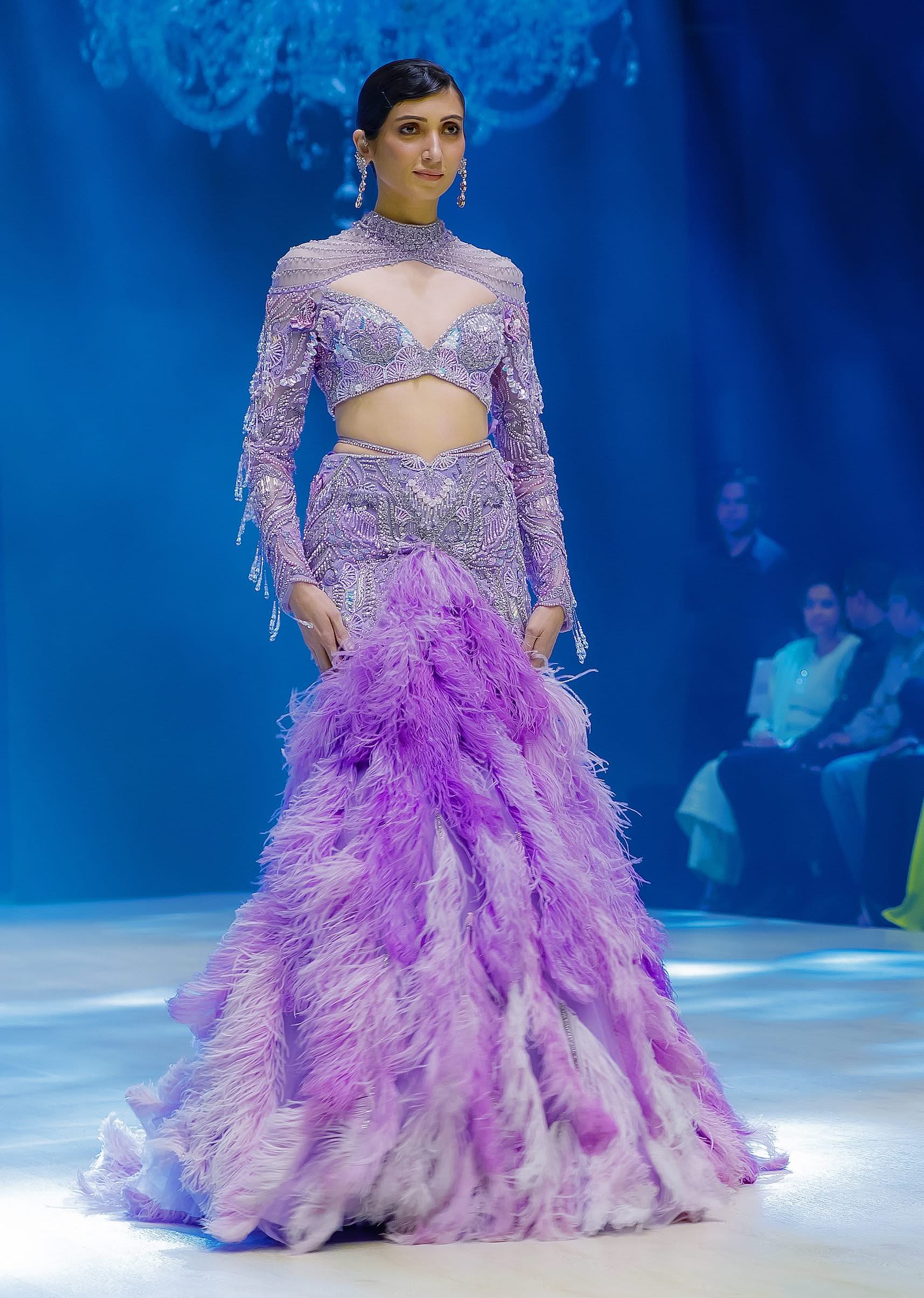 Purple Fish Cut Trail Skirt Lehenga Set with 3D Crystal And Feather Detailing - Image 2