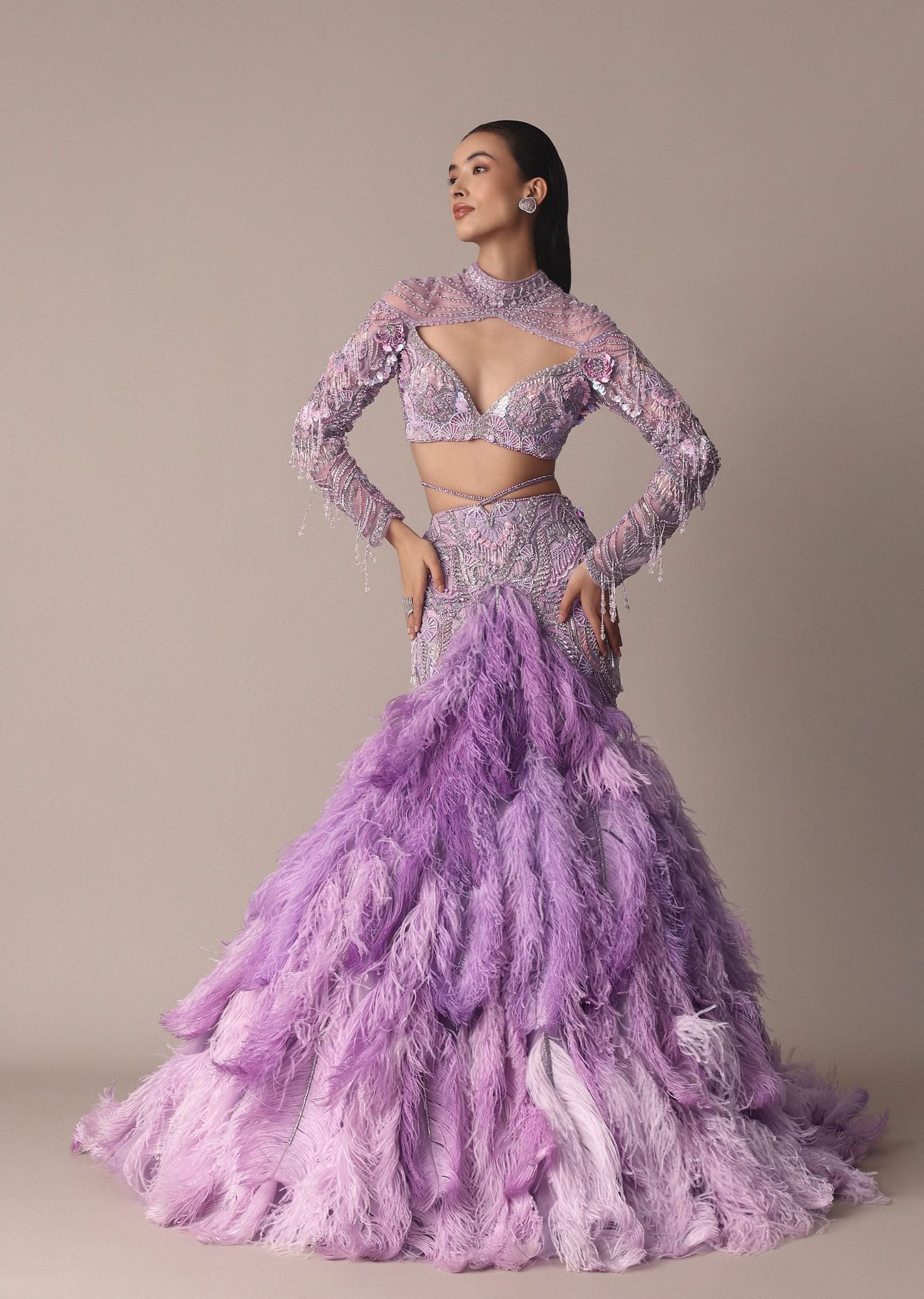 Purple Fish Cut Trail Skirt Lehenga Set with 3D Crystal And Feather Detailing - Image 3