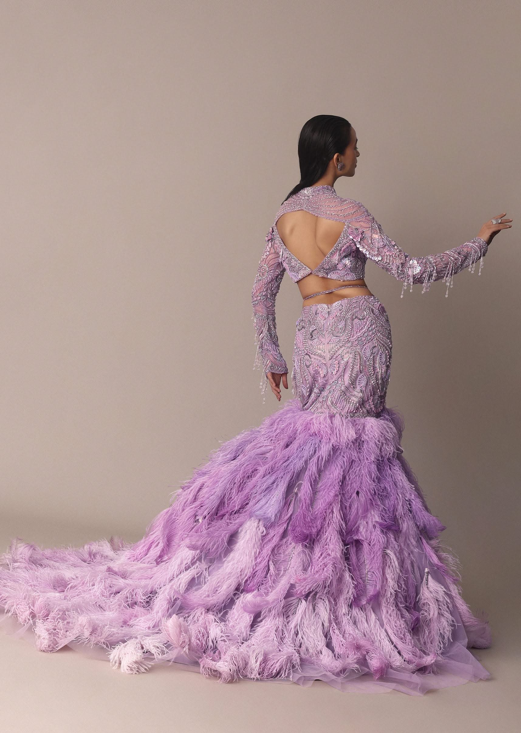 Purple Fish Cut Trail Skirt Lehenga Set with 3D Crystal And Feather Detailing - Image 4