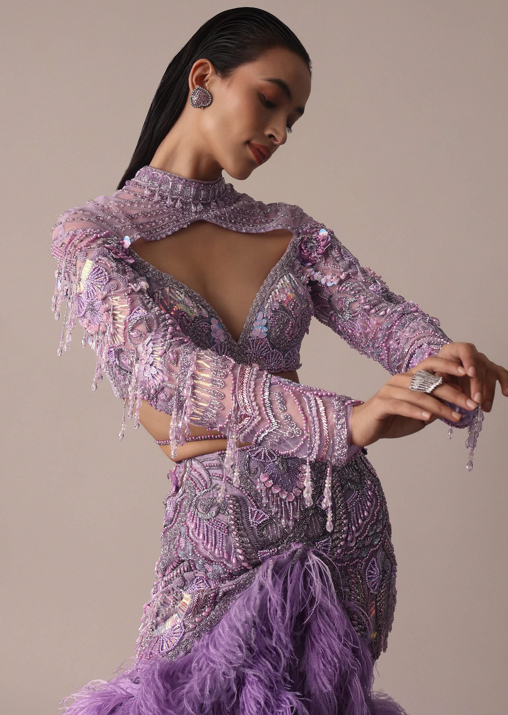Purple Fish Cut Trail Skirt Lehenga Set with 3D Crystal And Feather Detailing - Image 5