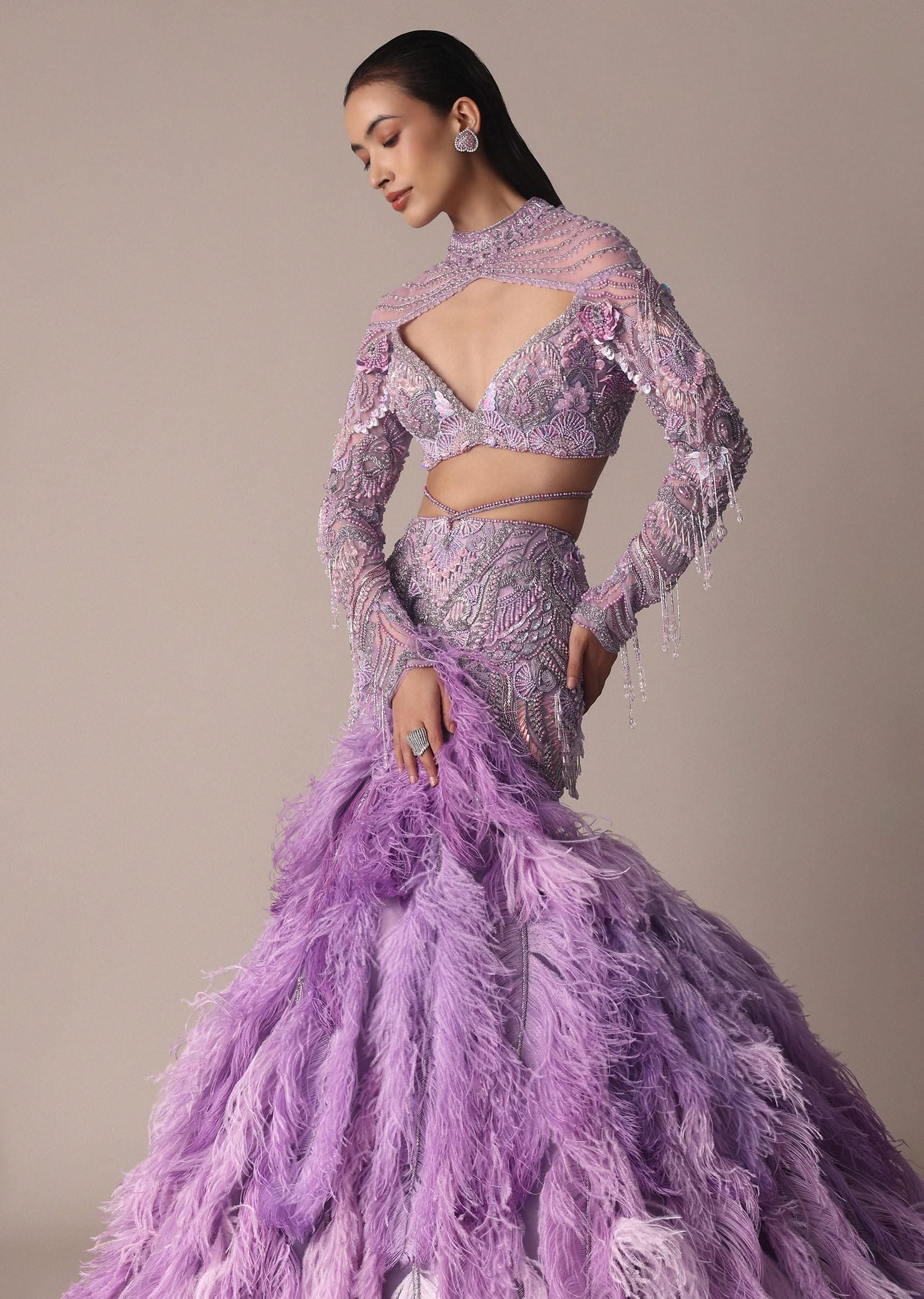 Purple Fish Cut Trail Skirt Lehenga Set with 3D Crystal And Feather Detailing - Image 6
