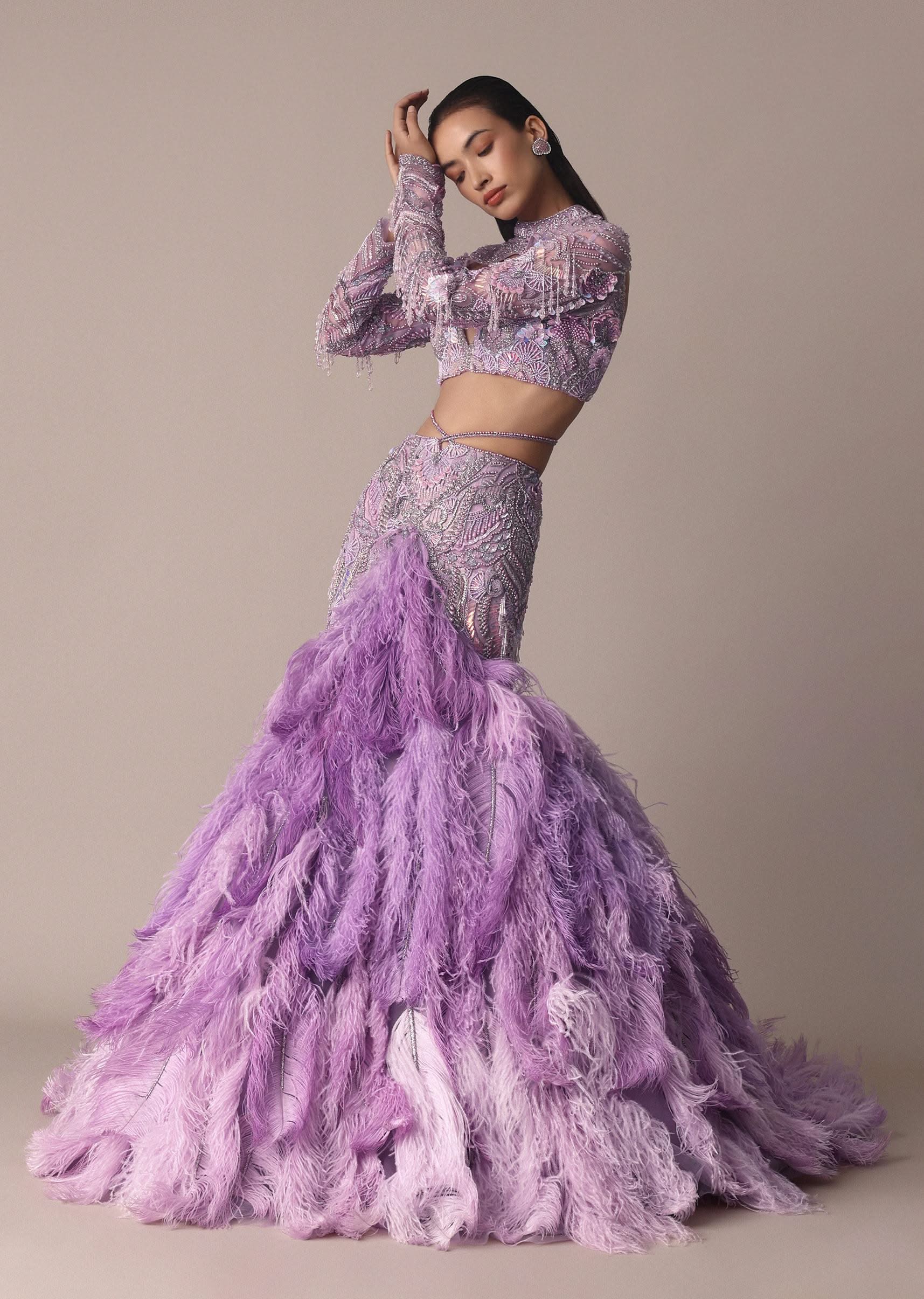 Purple Fish Cut Trail Skirt Lehenga Set with 3D Crystal And Feather Detailing - Image 7