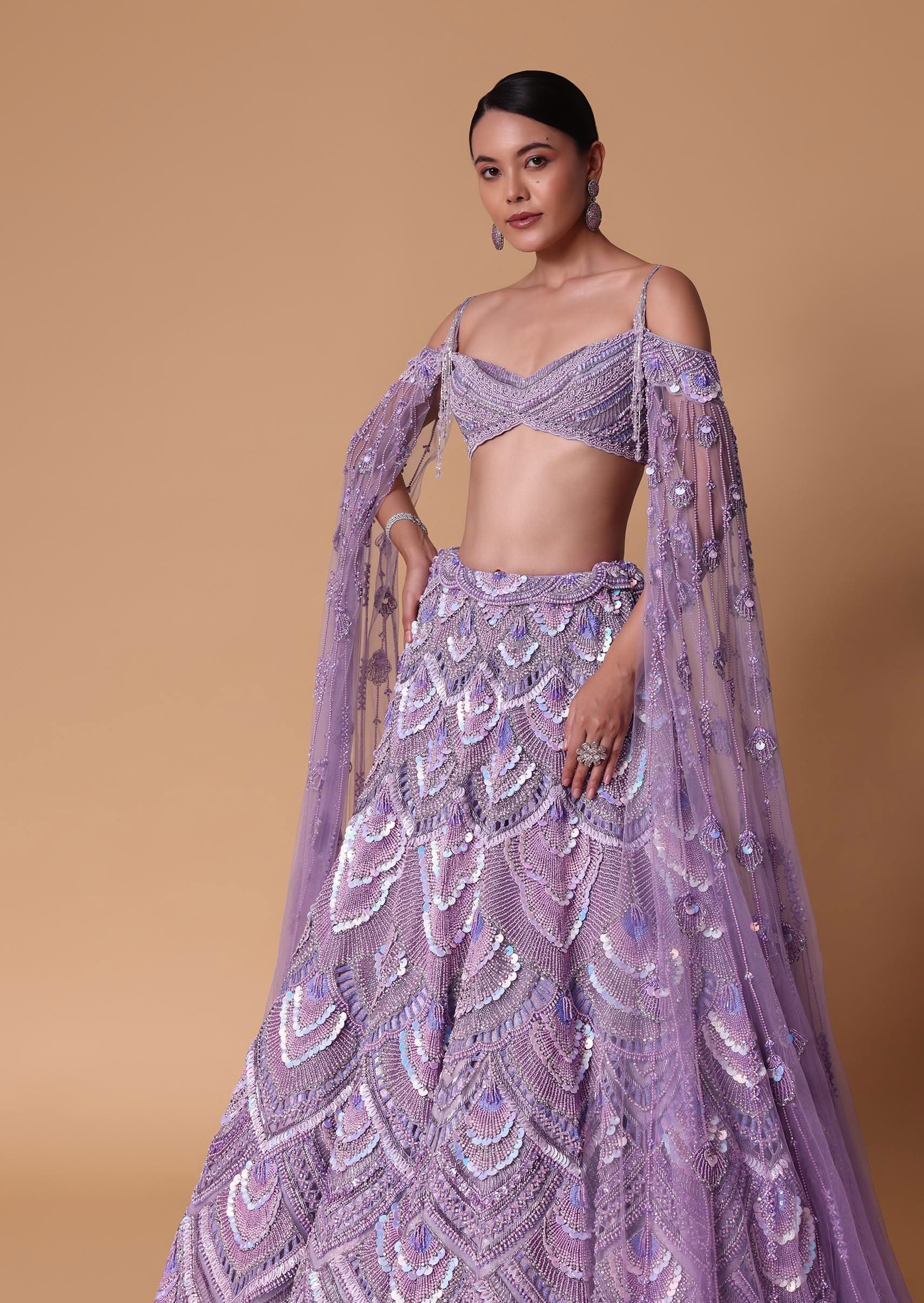 Lavender Pearl Embellished Lehenga Wth Off Shoulder Draped Cape - Image 3