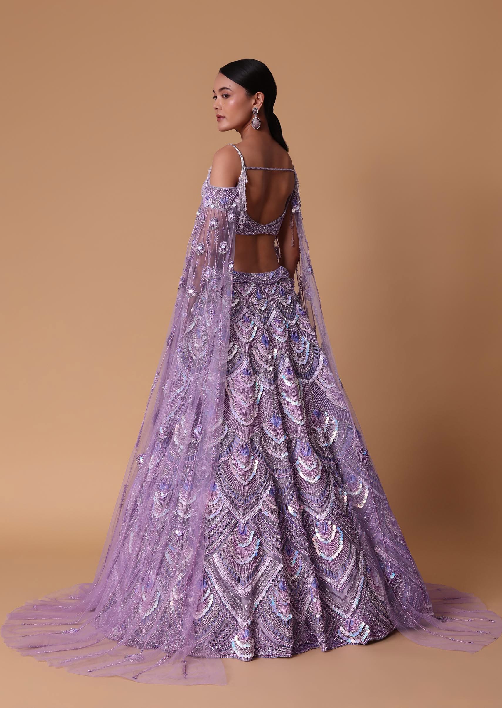 Lavender Pearl Embellished Lehenga Wth Off Shoulder Draped Cape - Image 4