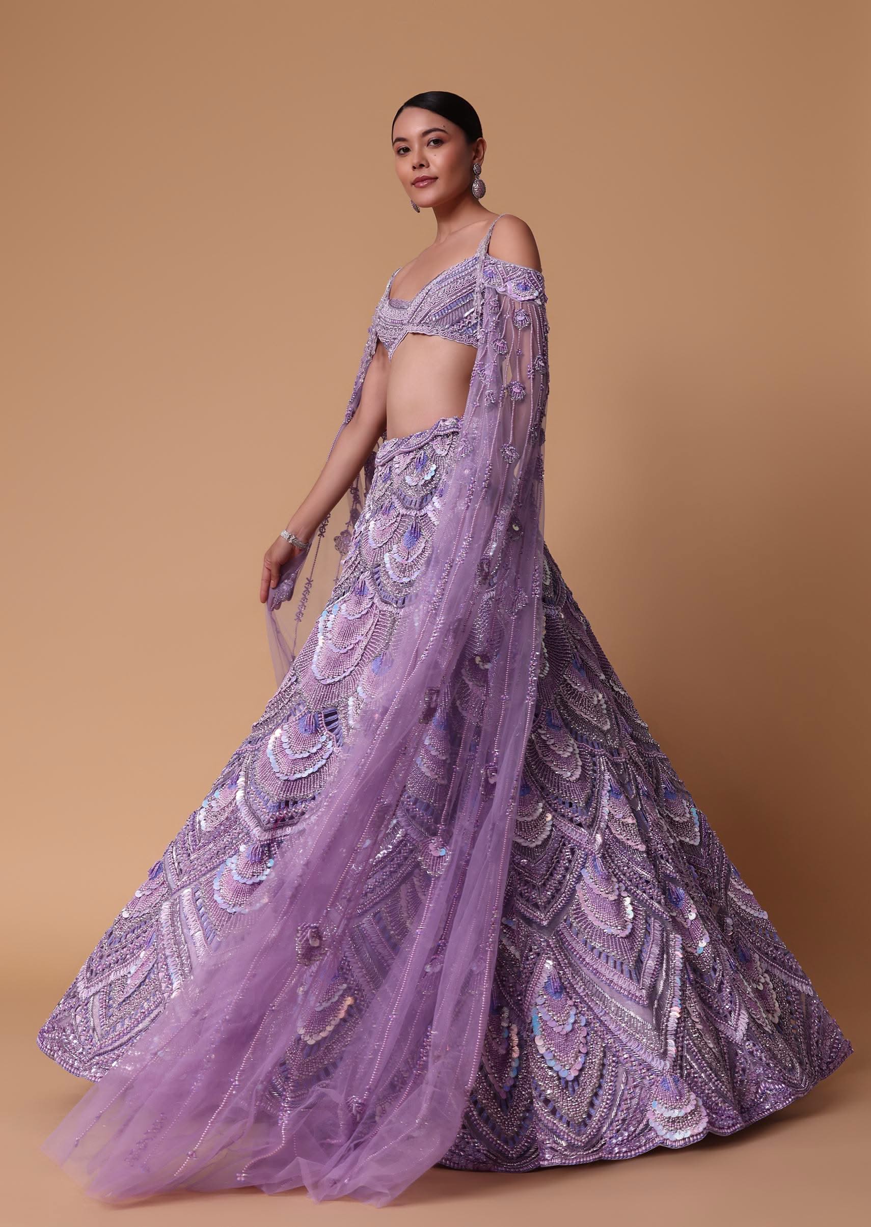 Lavender Pearl Embellished Lehenga Wth Off Shoulder Draped Cape - Image 5