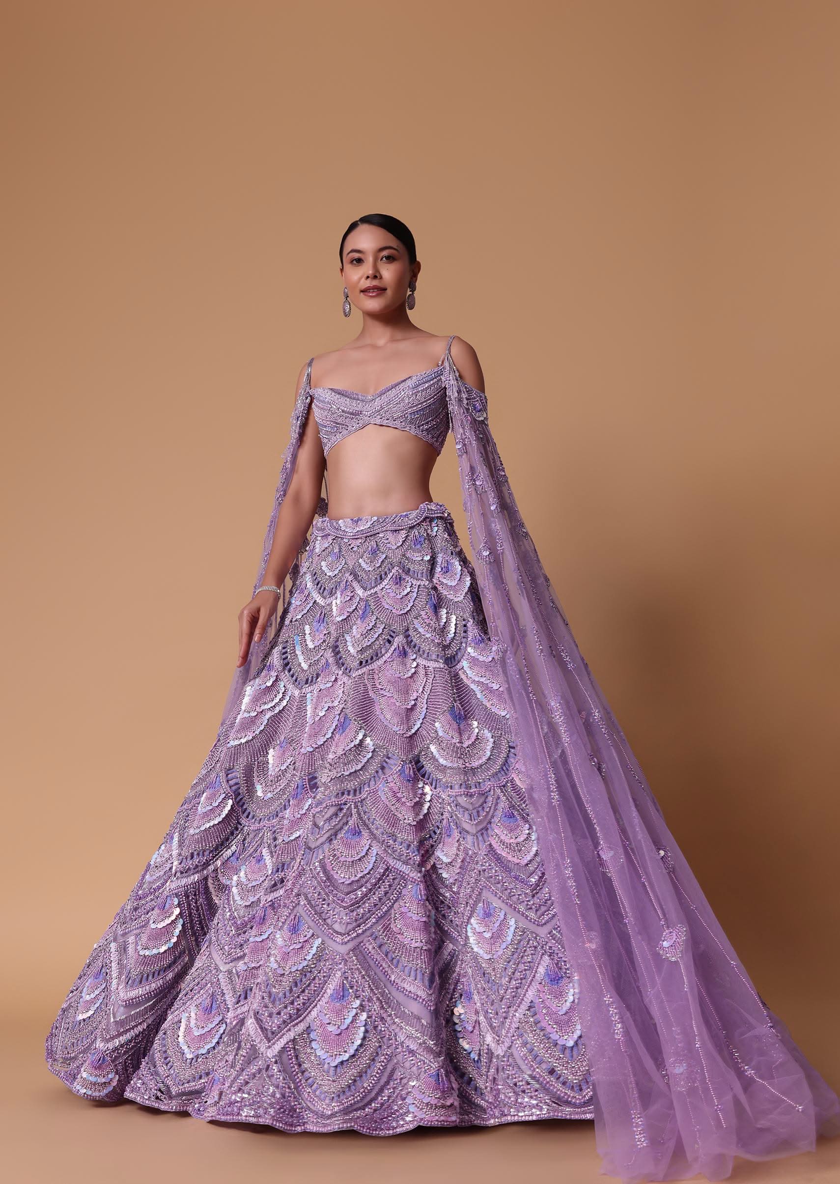Lavender Pearl Embellished Lehenga Wth Off Shoulder Draped Cape - Image 6