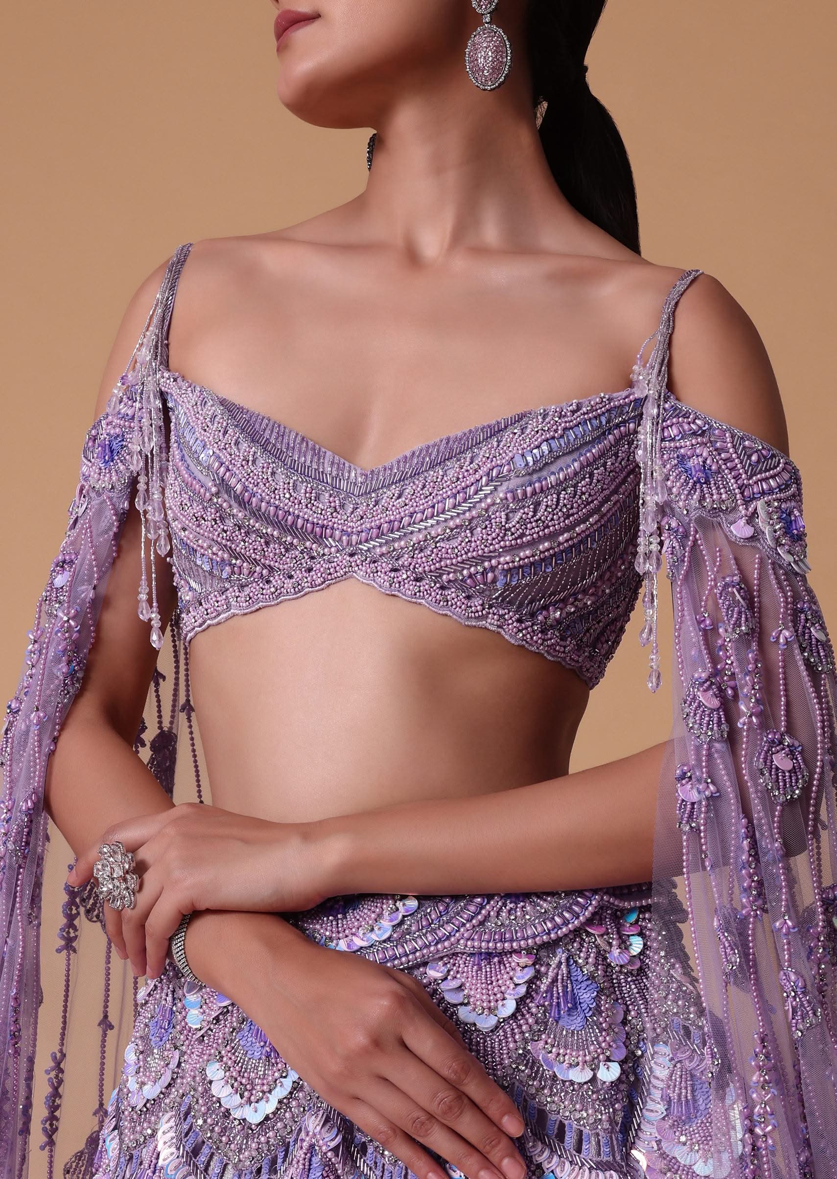 Lavender Pearl Embellished Lehenga Wth Off Shoulder Draped Cape - Image 7