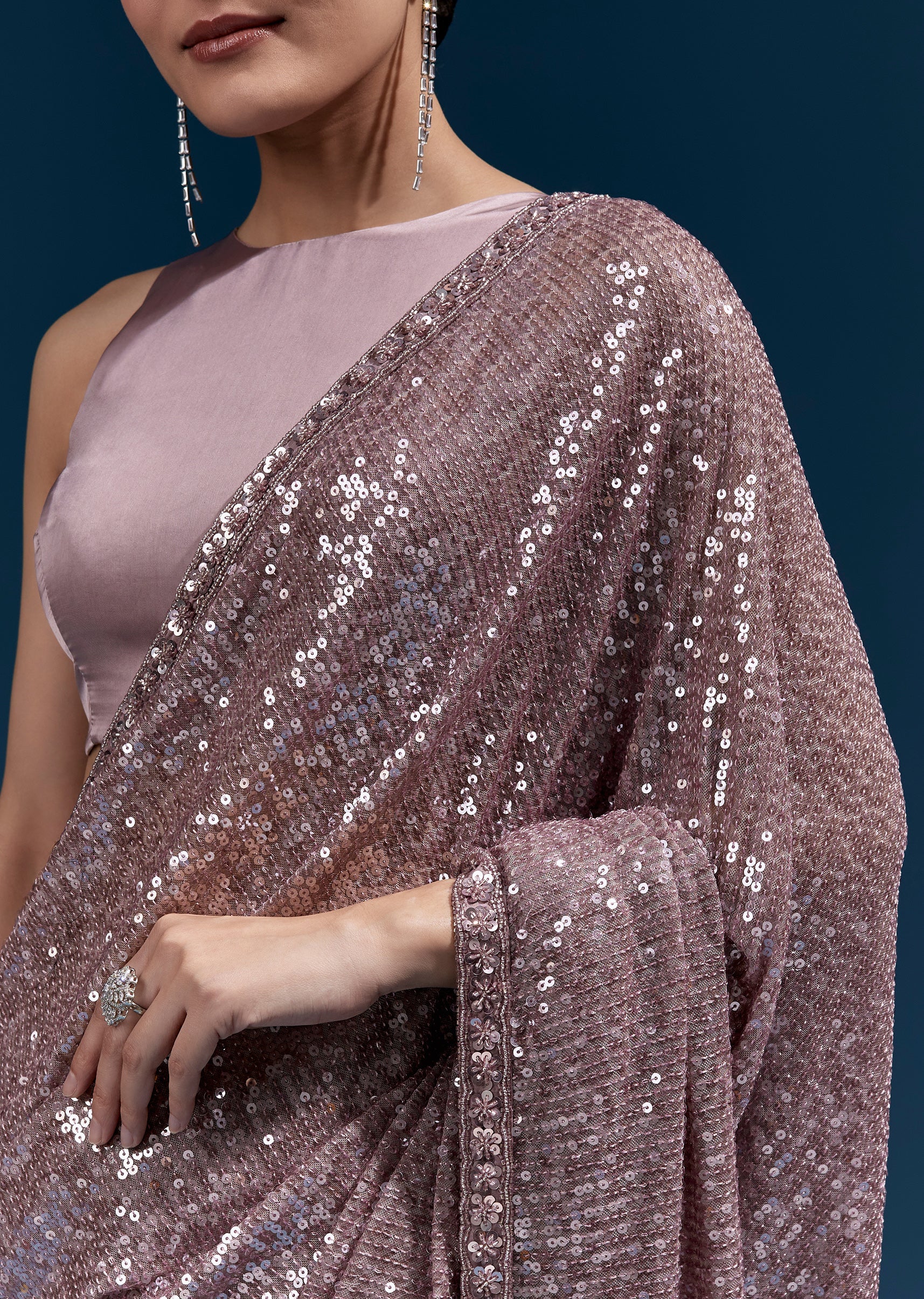 Purple Net Sequin Saree With Linear All Over Work And Hand Embroidered Floral Border - Image 2