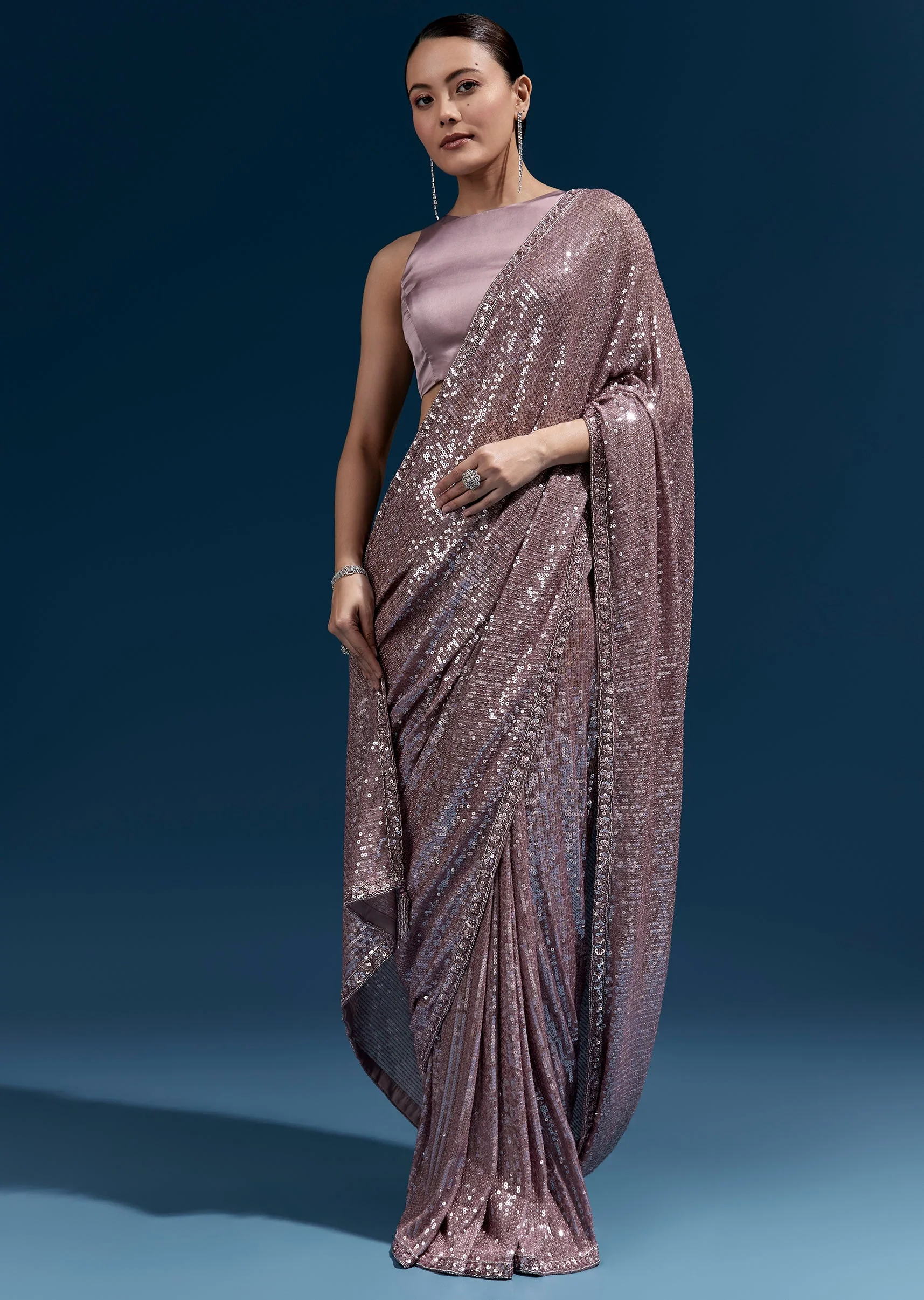 Purple Net Sequin Saree With Linear All Over Work And Hand Embroidered Floral Border - Image 3