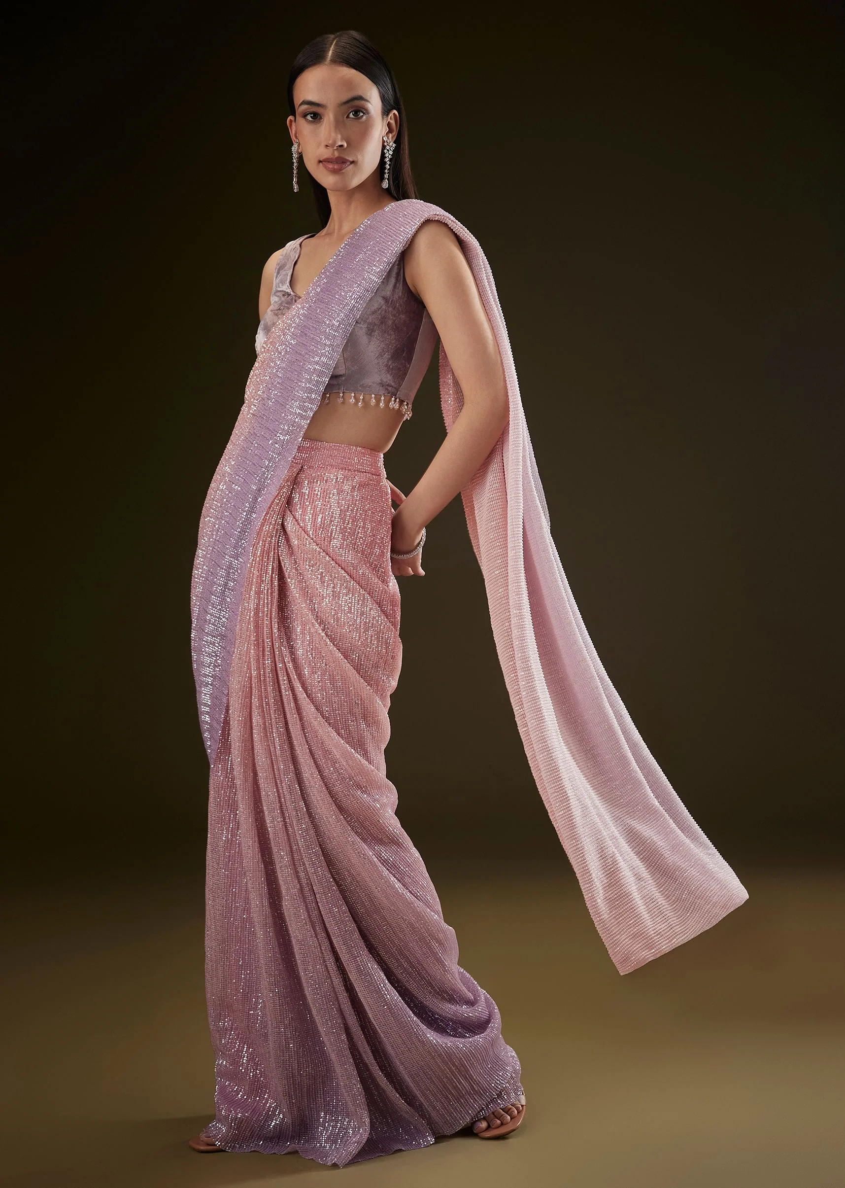 Purple Ombre Ready Draped Sequin Saree With Fancy Blouse - Image 3
