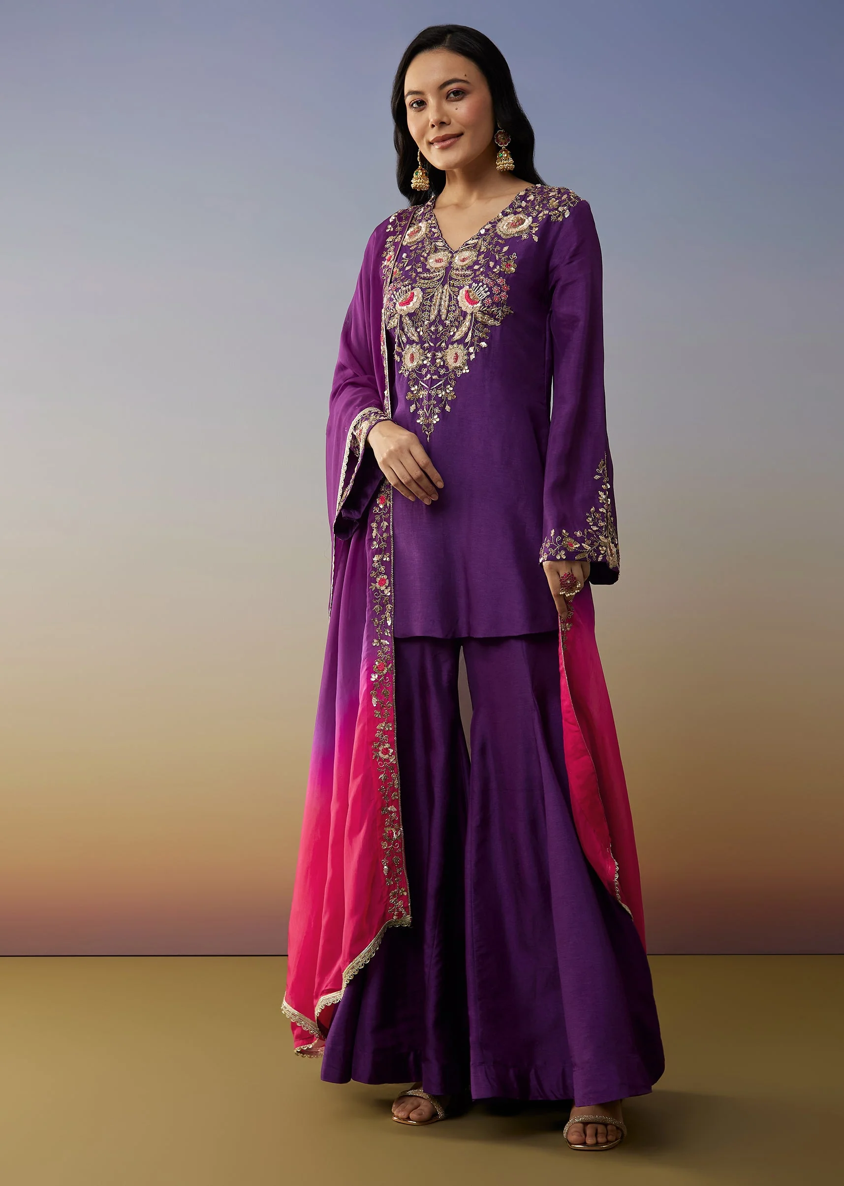 Purple Ombre Satin Palazzo Suits with Zardosi Sequins Work - Image 3