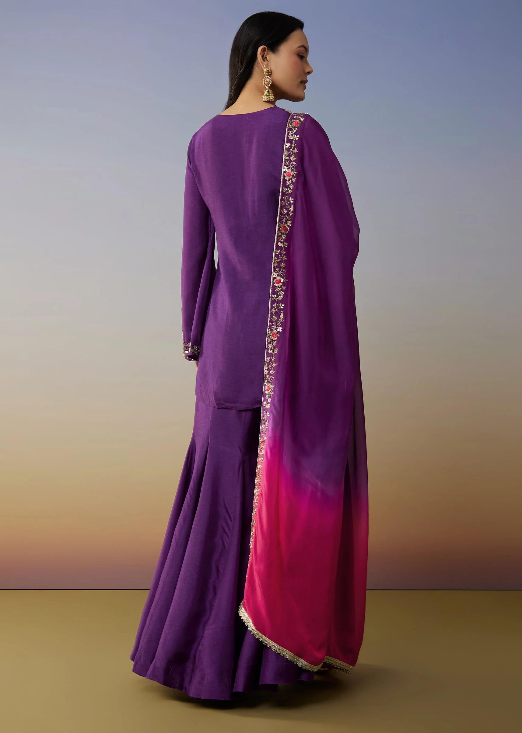 Purple Ombre Satin Palazzo Suits with Zardosi Sequins Work - Image 5