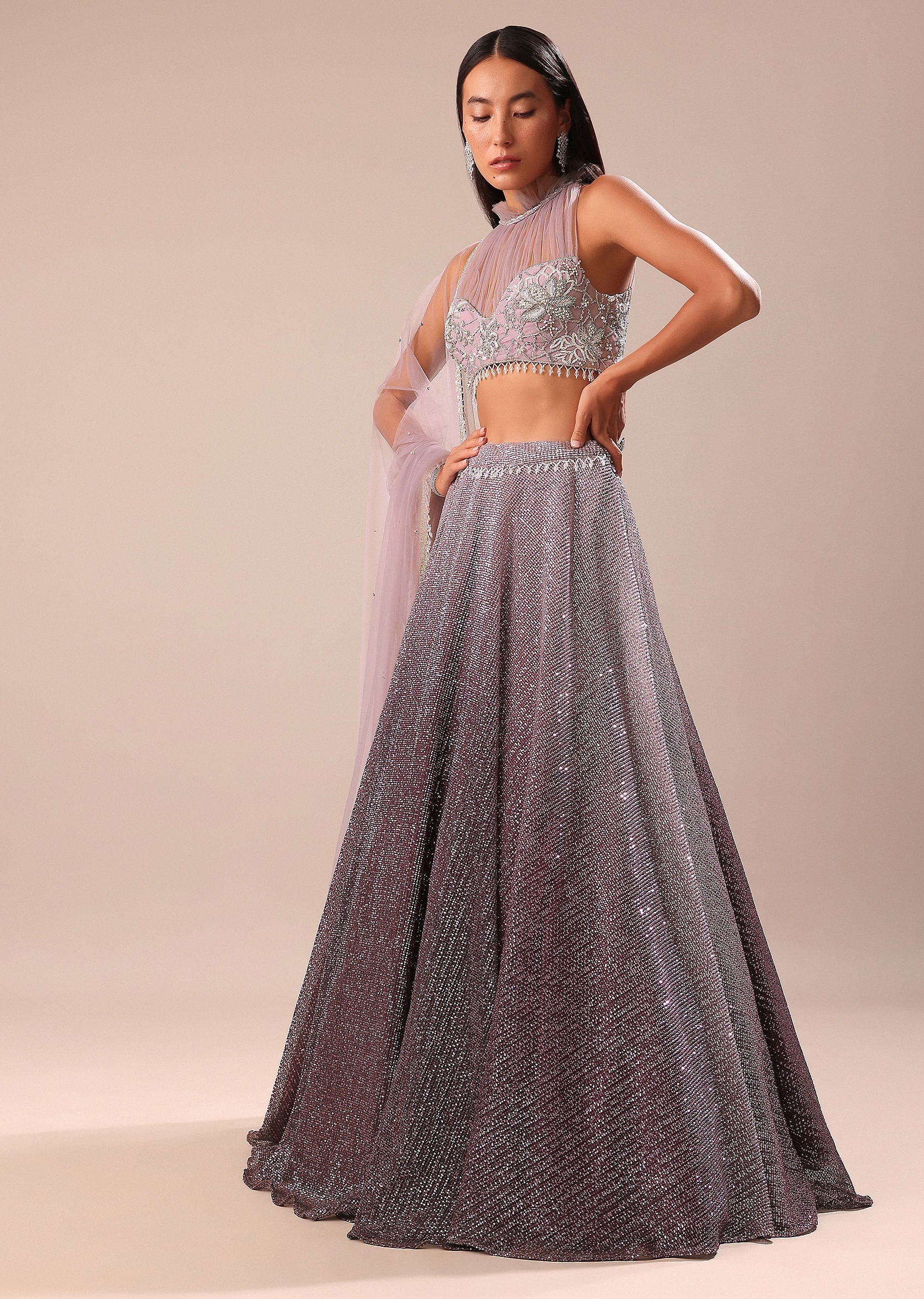 Purple Ombre Sequin Lehenga With Ruched Halter Blouse - Image 3